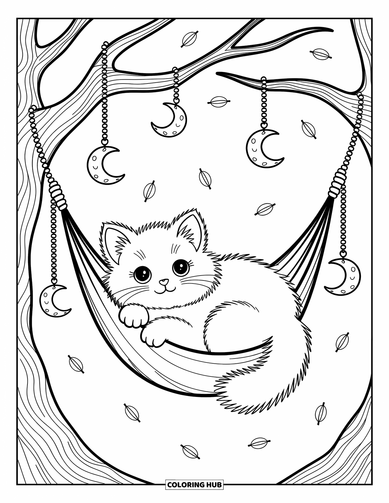 Dibujo de gato para colorear para adultos: Un gato Ragamuffin esponjoso duerme en una hamaca, con amuletos en forma de pez y pétalos de flores flotando cerca