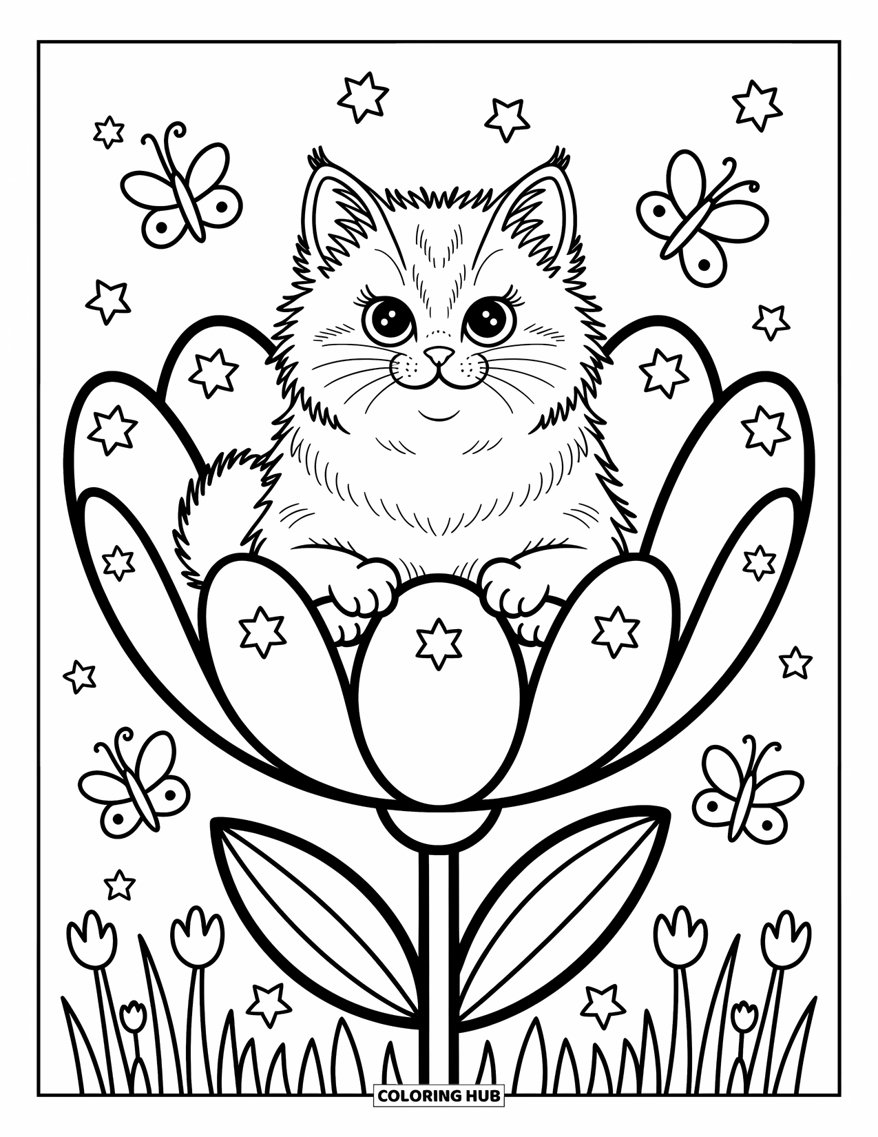 Dibujo de gato para colorear para adultos: Un gato siberiano esponjoso se sienta dentro de una flor floreciente, rodeado de pequeñas abejas caprichosas y mariposas revoloteando