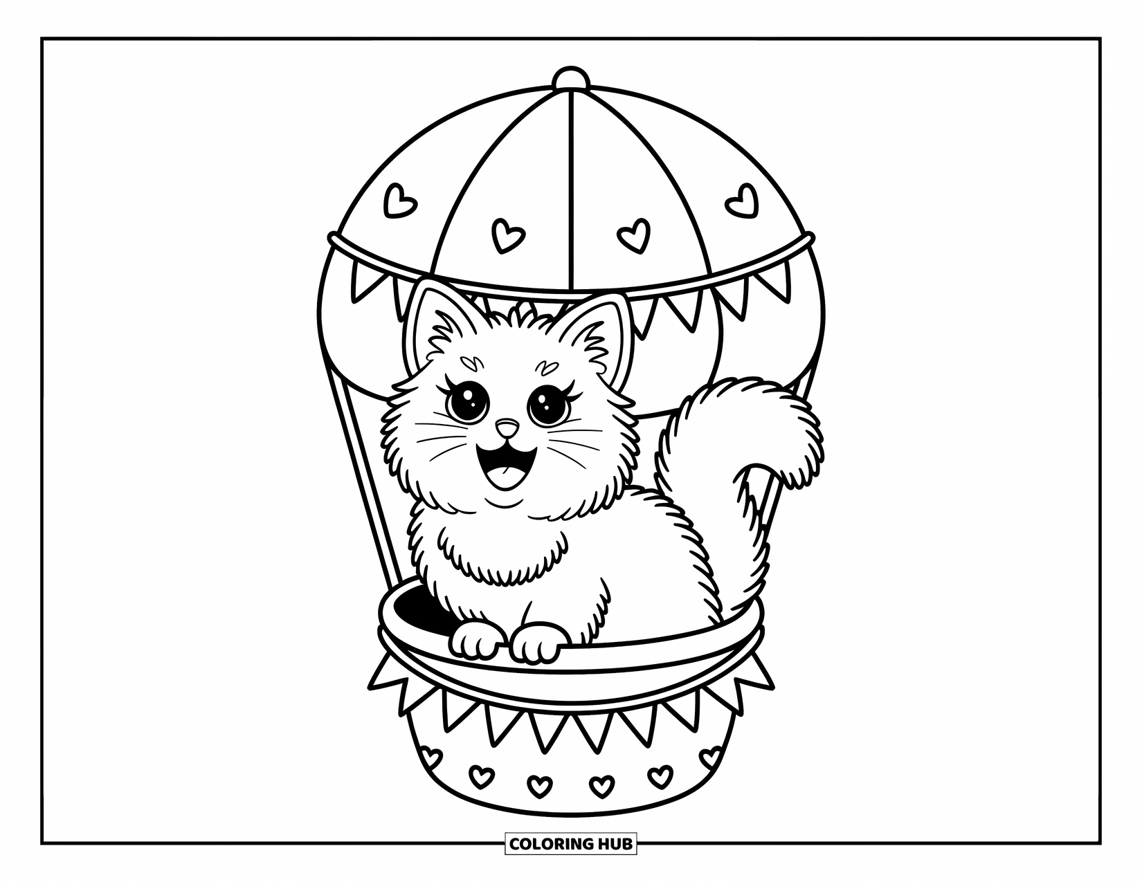 Dibujo de gato para colorear para adultos: Un gato turco Angora esponjoso se sienta en una cesta de globo, rodeado de patrones de corazón y pequeños banderines revoloteando