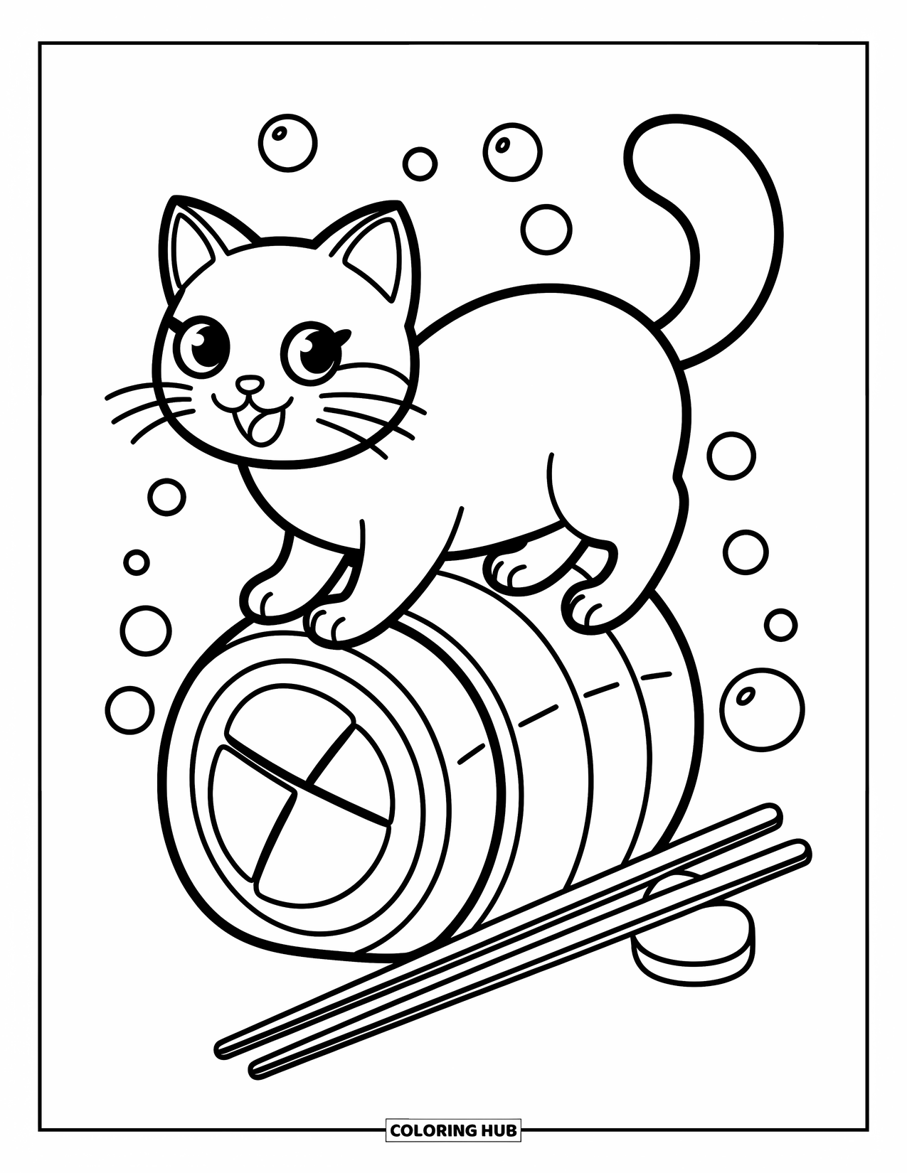 Dibujo de gato para colorear para adultos: Un gato Bobtail japonés se equilibra sobre un rollo de sushi de gran tamaño, con pequeñas burbujas y palillos cerca