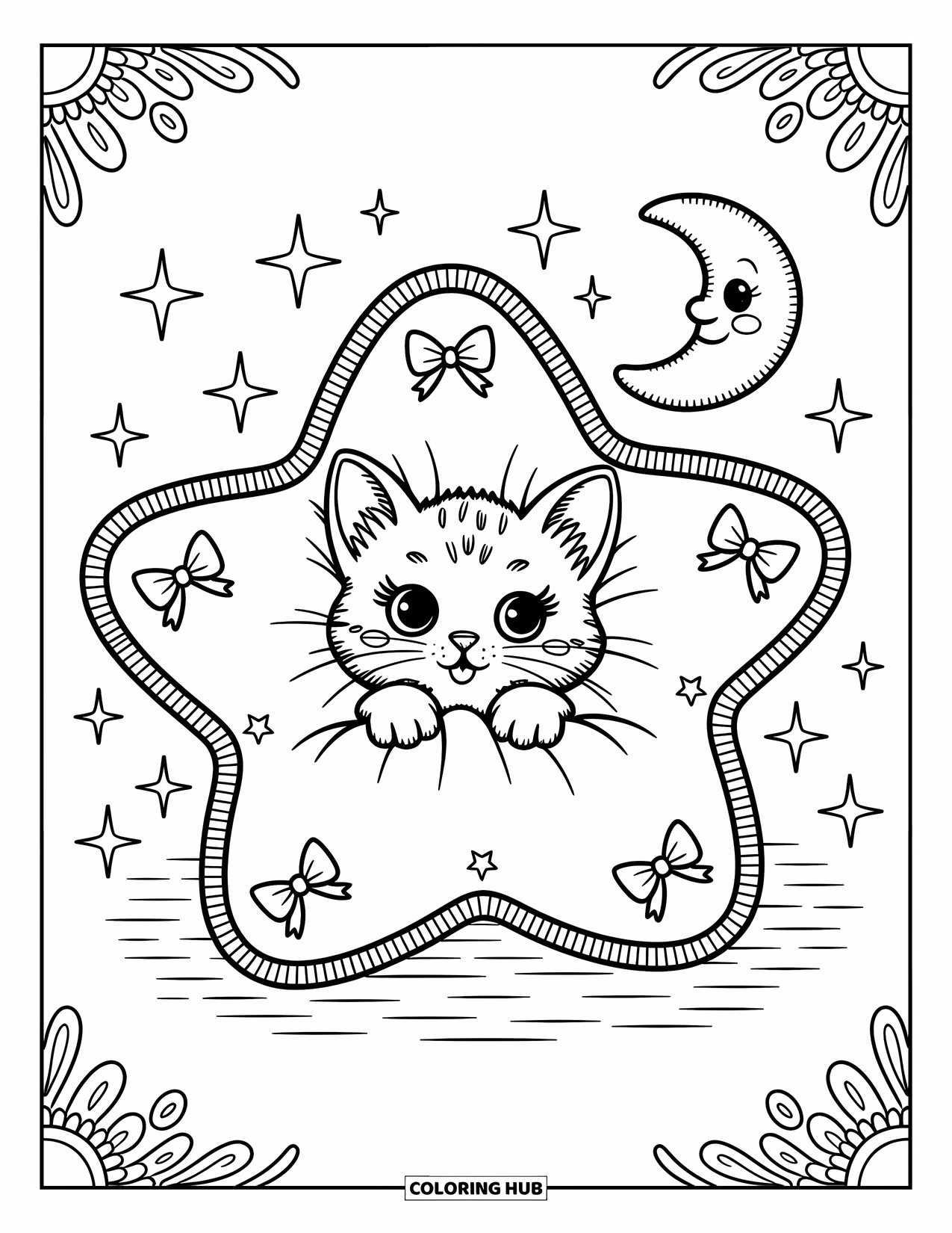 Dibujo de gato para colorear para adultos: Un gatito asoma desde una acogedora almohada de estrella, con una pequeña felpa de luna flotando cerca en un entorno de ensueño
