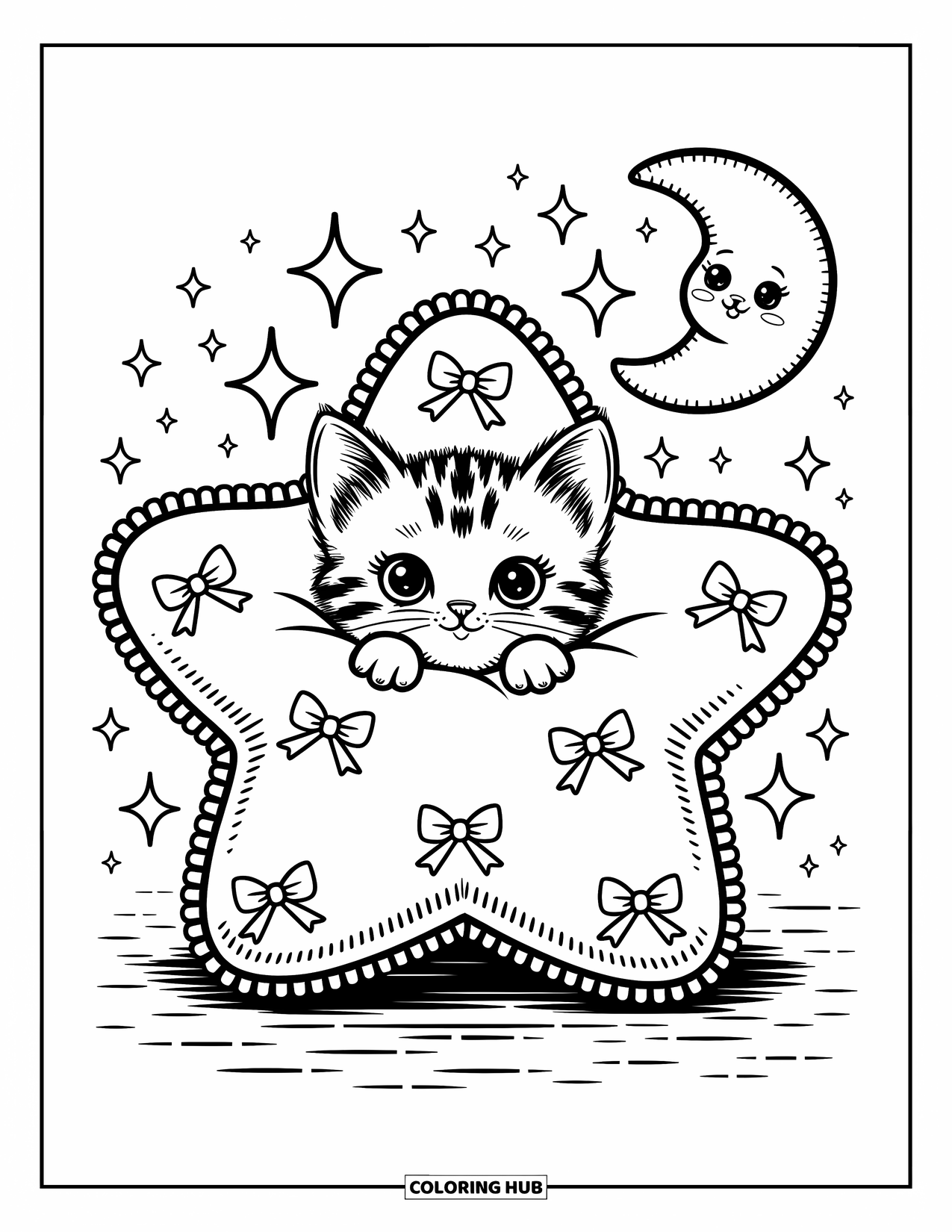 Dibujo de gato para colorear para adultos: Un gatito se acurruca dentro de una almohada de estrella esponjosa, con un pequeño peluche de luna cerca, creando una atmósfera acogedora