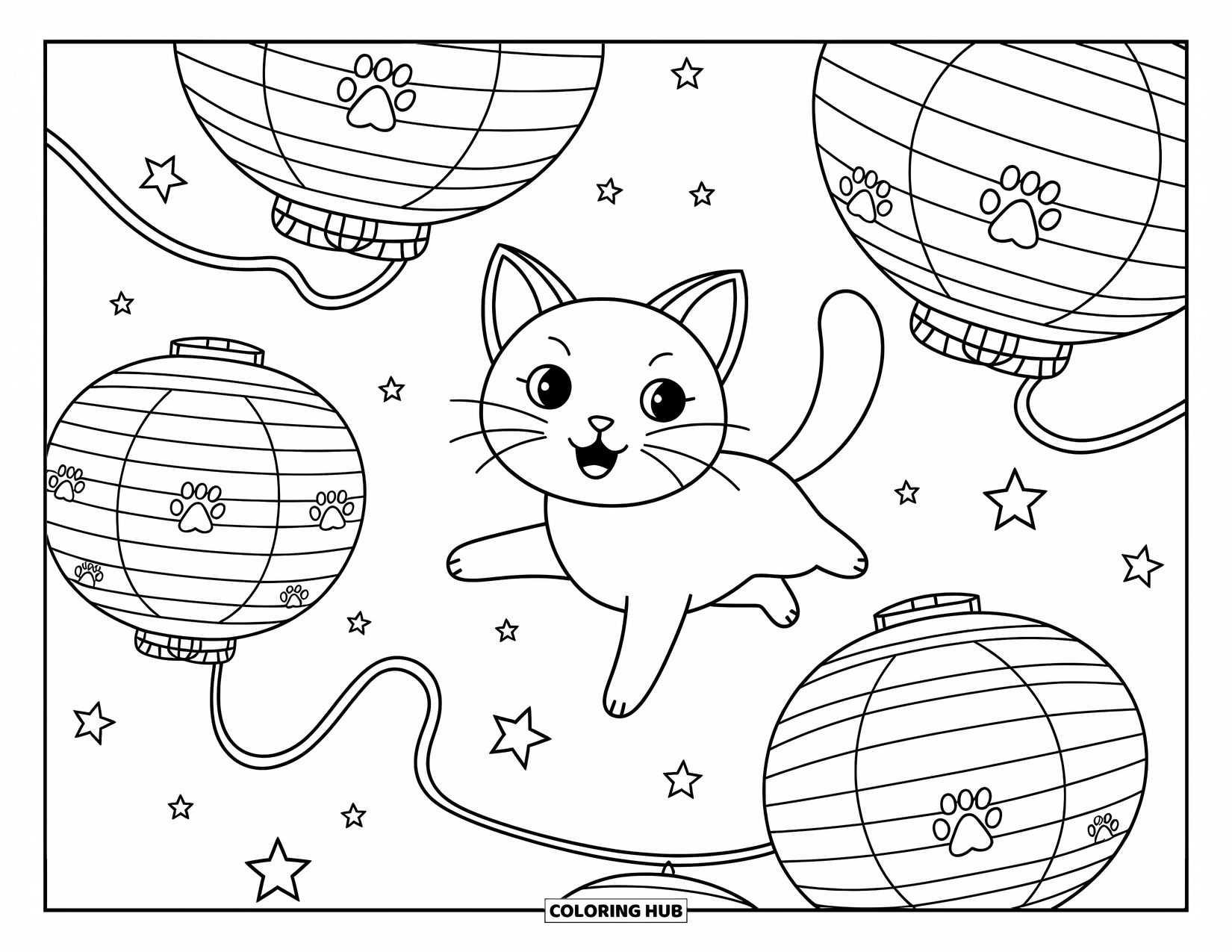 Dibujo de gato para colorear para adultos: Un gato Bobtail japonés animado salta entre linternas de papel, estrellas brillantes que parpadean en el cielo nocturno