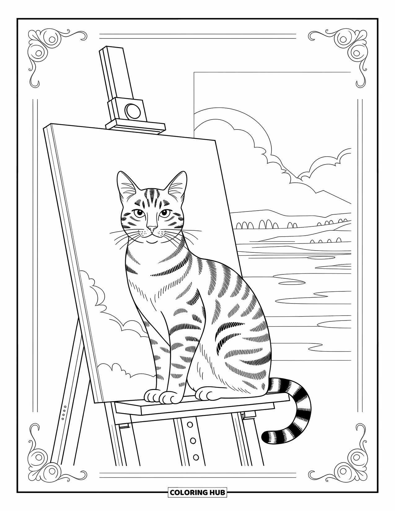 Dibujo de gato para colorear para adultos: Un gato majestuoso se sienta encima del caballete de un artista, rodeado de un elegante cuadro de paisaje inacabado