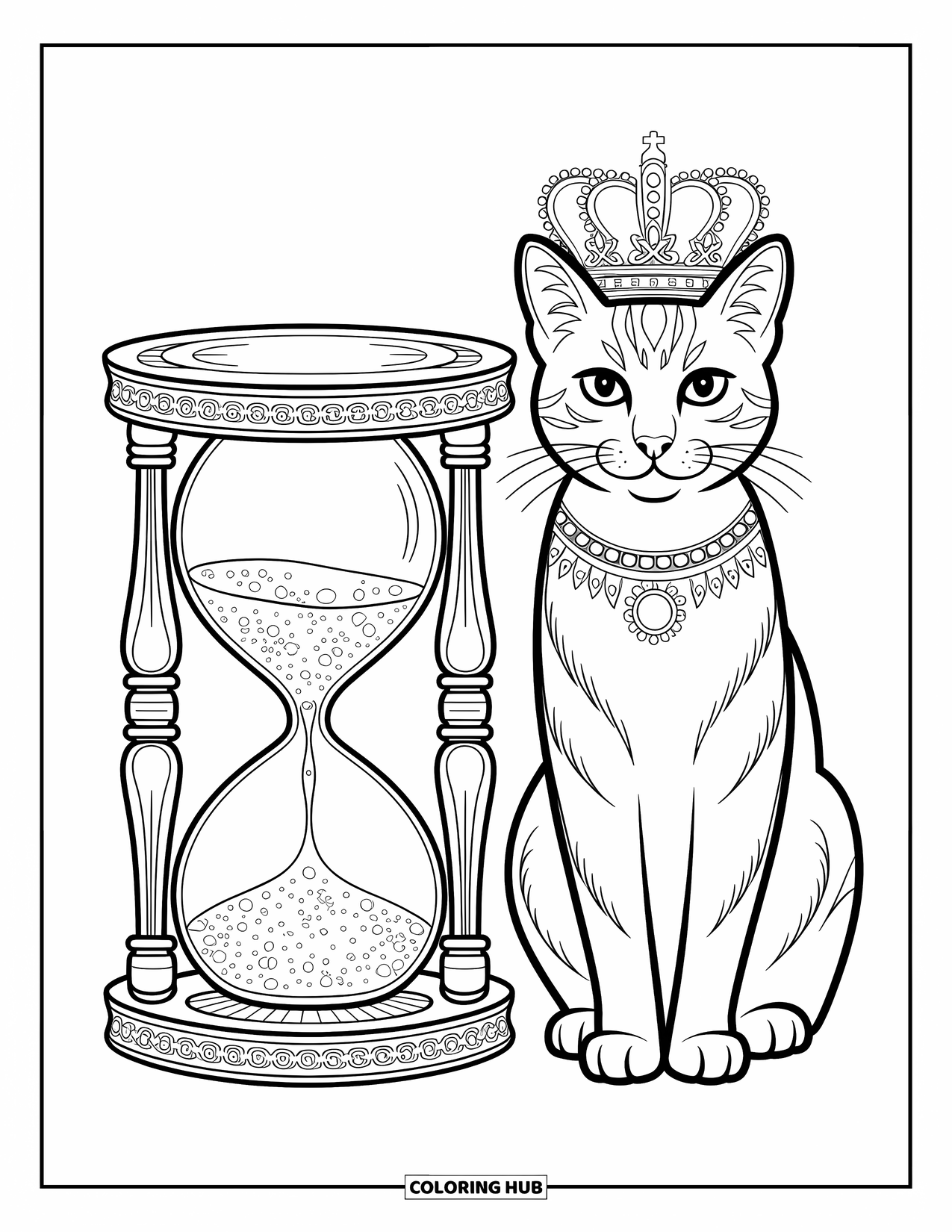 Dibujo de gato para colorear para adultos: Un gato majestuoso con una corona se sienta cerca de un reloj de arena detallado, rodeado de diseños artísticos arremolinados
