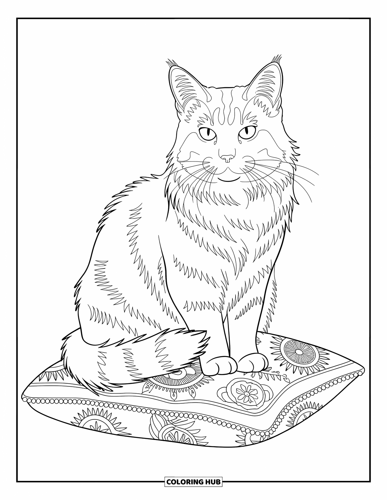 Dibujo de gato para colorear para adultos: Un majestuoso Maine Coon se sienta orgulloso en un cojín adornado, enmarcado por elementos florales y decorativos arremolinados