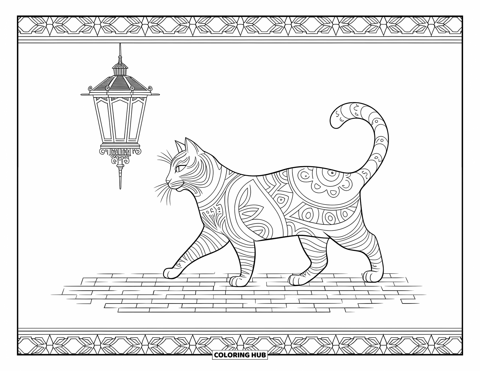 Dibujo de gato para colorear para adultos: Un gato misterioso camina por una calle empedrada, pasando una linterna antigua con detalles intrincados