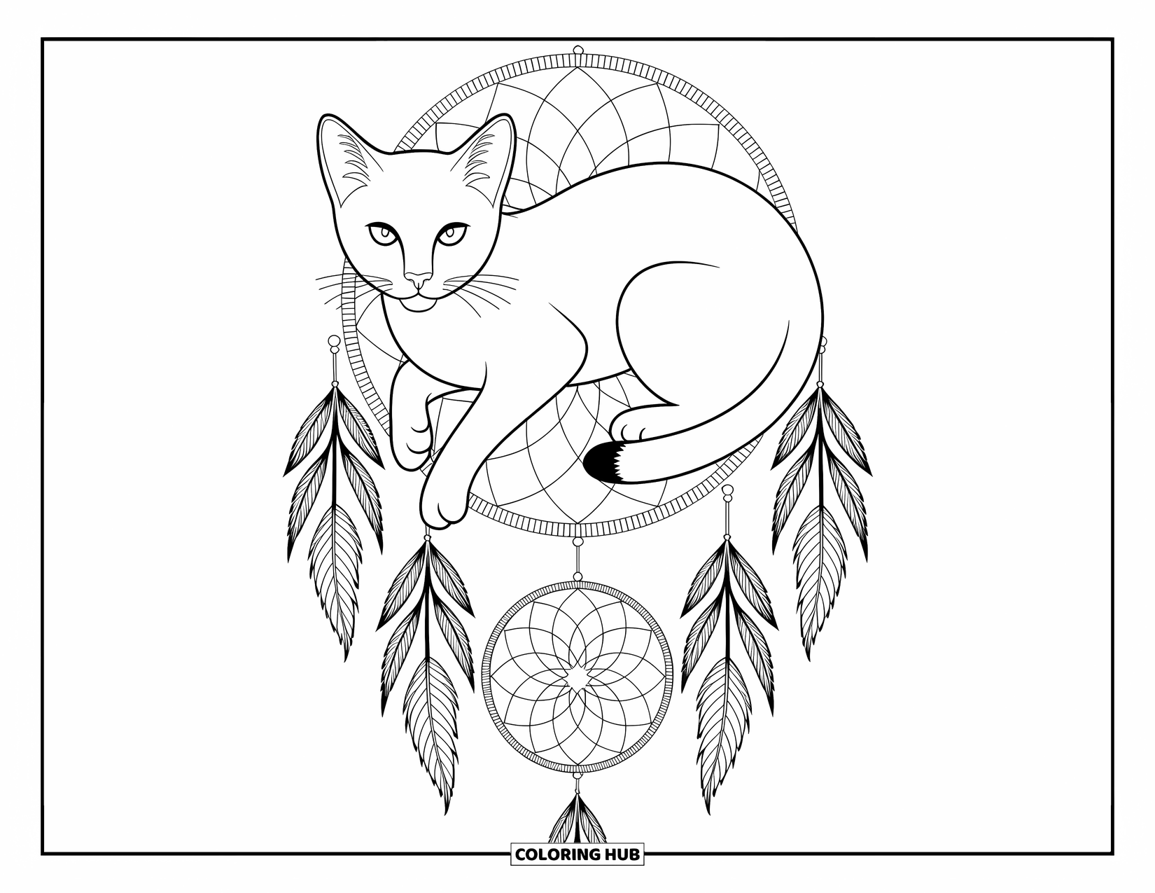 Dibujo de gato para colorear para adultos: Un gato místico con ojos fascinantes se sienta con gracia dentro de un intrincado atrapasueños, rodeado de patrones