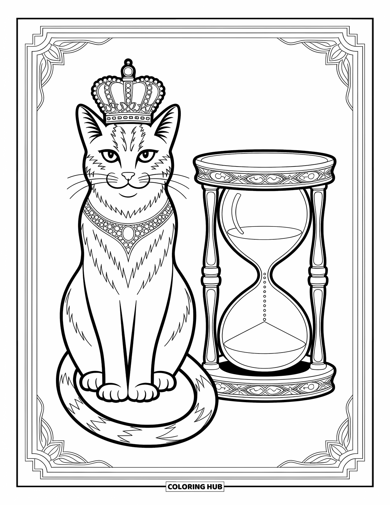 Dibujo de gato para colorear para adultos: Un gato noble se sienta junto a un reloj de arena tallado, enmarcado por patrones intrincados y elementos decorativos fluidos