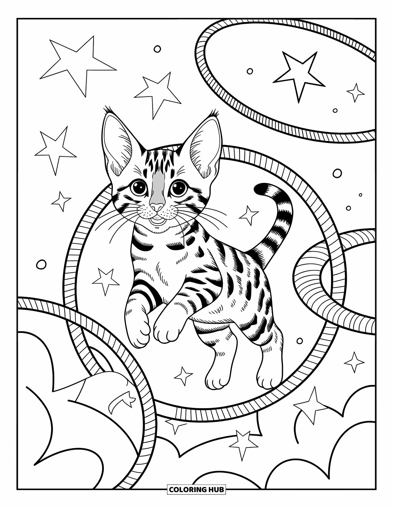 Dibujo de gato para colorear para adultos: Un gatito Bengal juguetón salta a través de un aro estrellado, rodeado de aros flotantes y patrones arremolinados
