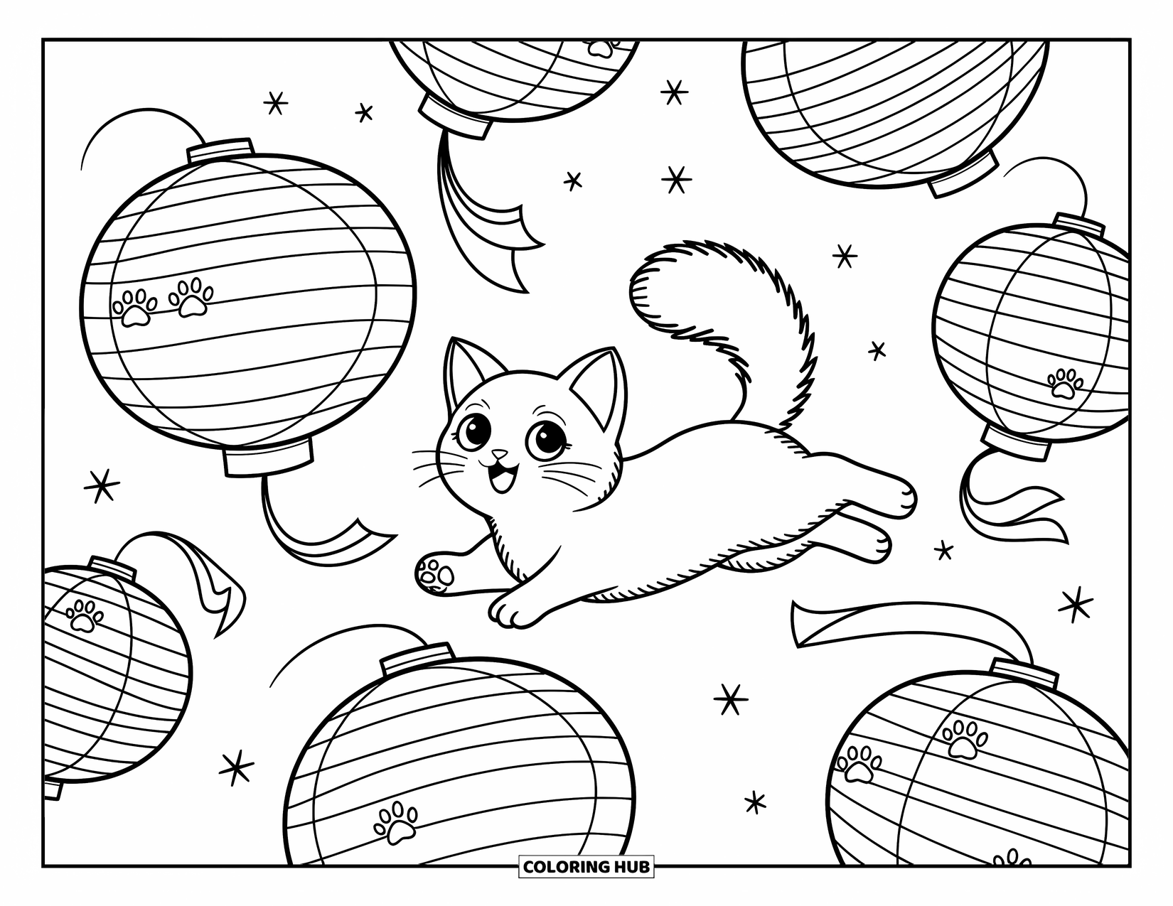 Dibujo de gato para colorear para adultos: Un gato Bobtail japonés juguetón salta entre linternas de papel flotantes, su cola se agita con entusiasmo