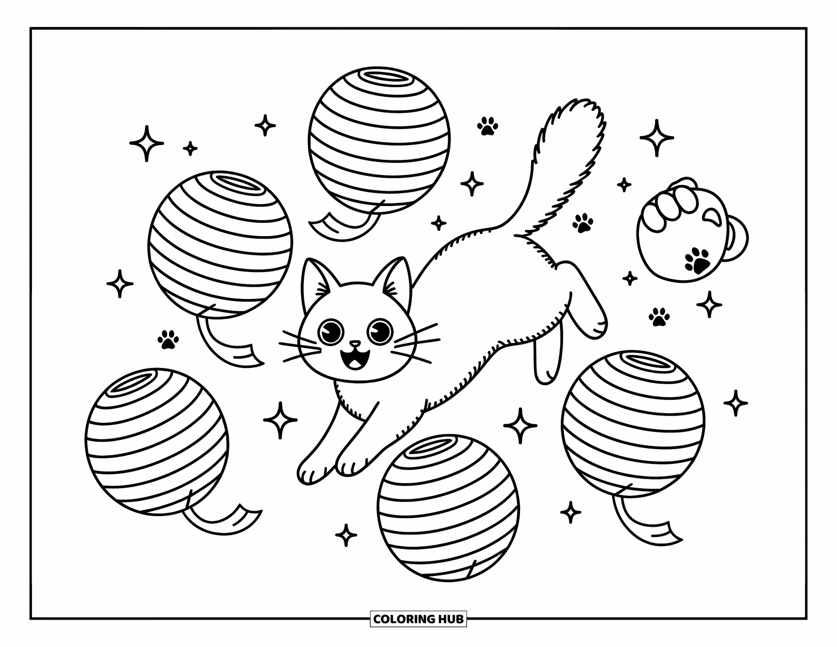 Dibujo de gato para colorear para adultos: Un juguetón gato Bobtail japonés salta entre linternas de papel flotantes, rodeado de pequeñas huellas de patas y cintas