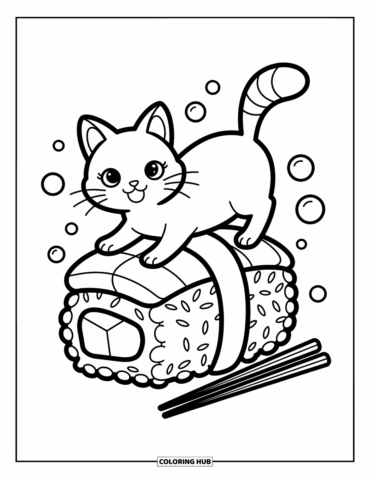 Dibujo de gato para colorear para adultos: Un juguetón gato Bobtail japonés mueve la cola mientras se equilibra sobre un rollo de sushi gigante en una escena caprichosa
