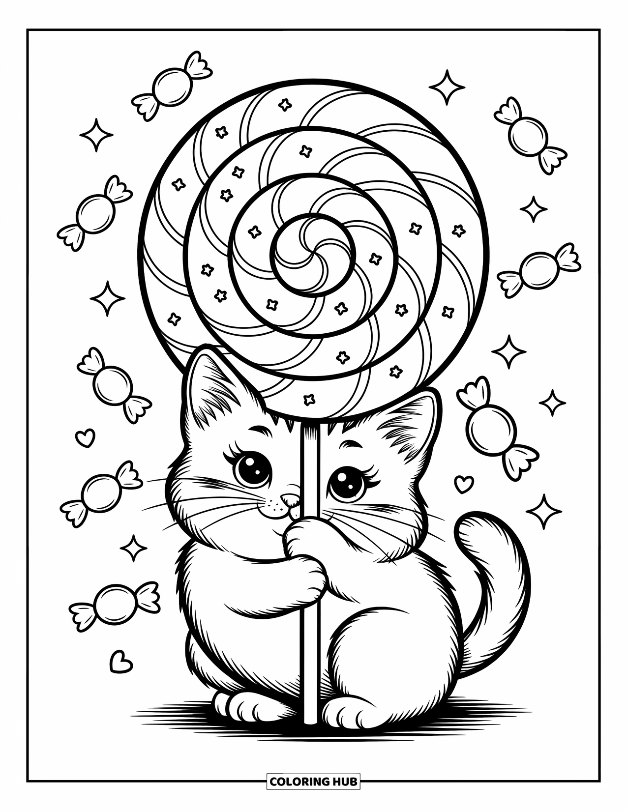 Dibujo de gato para colorear para adultos: Un gatito juguetón envuelve sus patas alrededor de una piruleta arremolinada, con chispas y caramelos flotando cerca