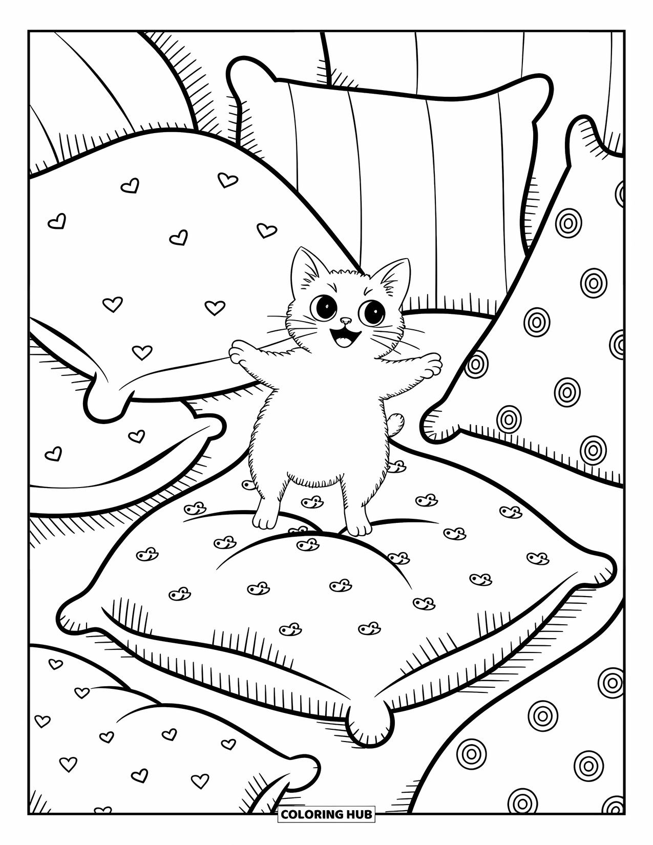 Dibujo de gato para colorear para adultos: Un gato Munchkin juguetón salta alegremente sobre una pila de almohadas suaves, rodeado de patrones acogedores de estilo kawaii