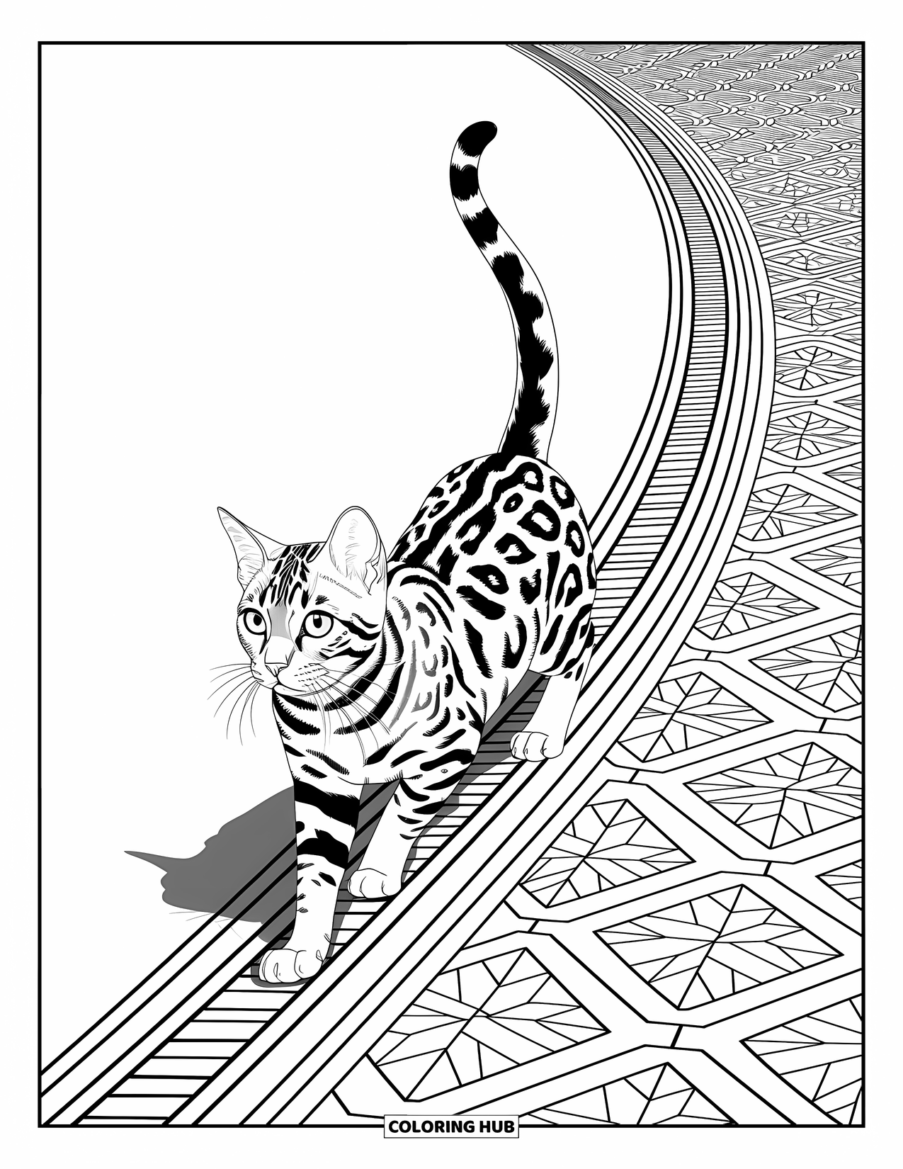 Dibujo de gato para colorear para adultos: Un gato bengalí en pose elegante se mueve con elegancia sobre un camino de mosaico, rodeado de diseños artísticos y geométricos