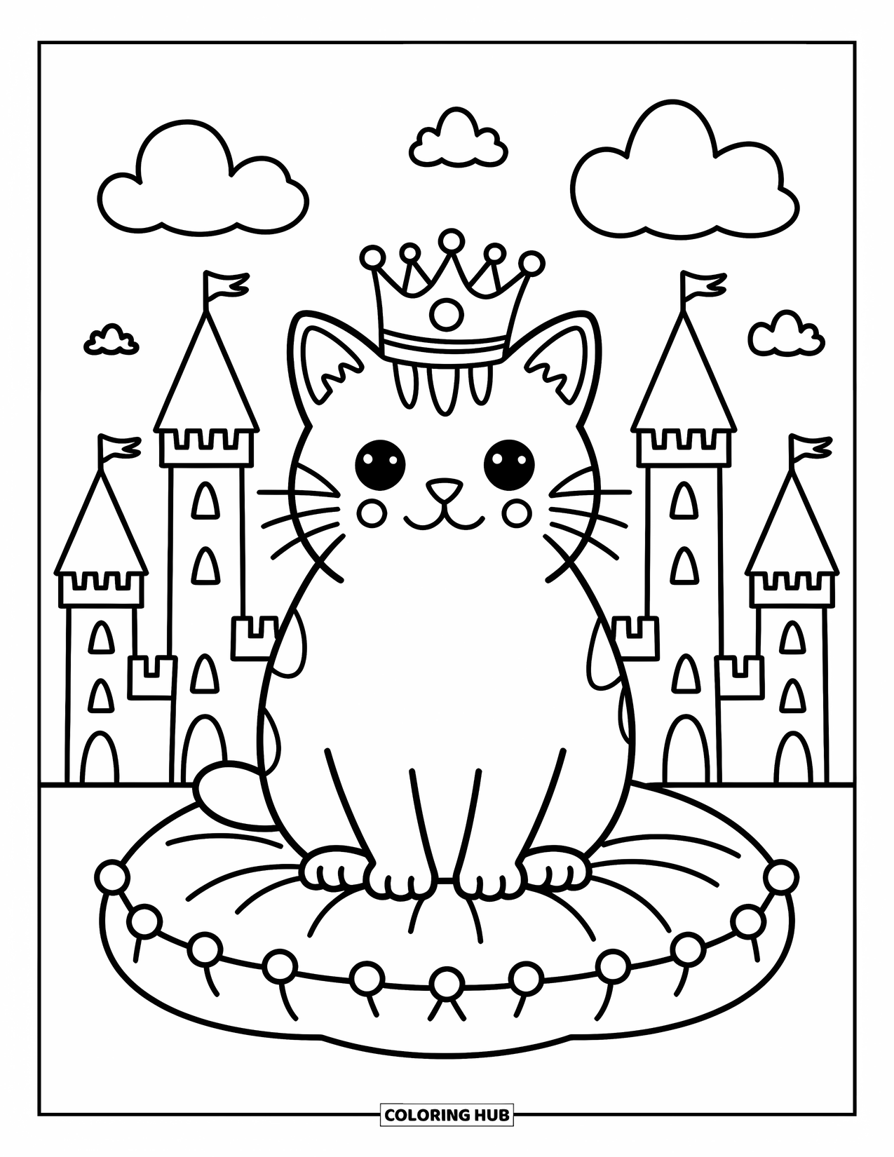 Dibujo de gato para colorear para adultos: Un gato British Shorthair majestuoso descansa en un cojín, con torres de castillo y nubes flotantes en el fondo