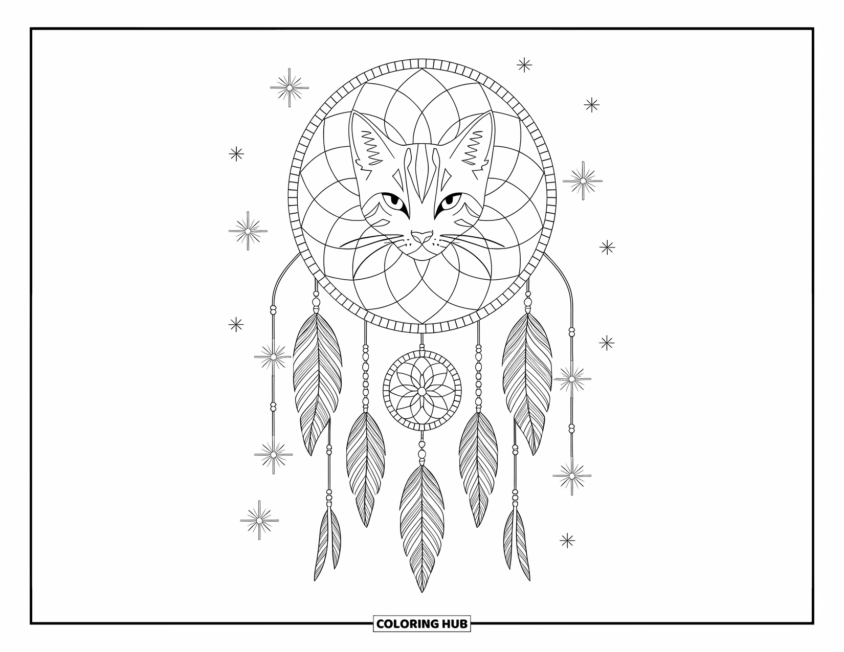 Dibujo de gato para colorear para adultos: Un gato real, rodeado por un atrapasueños detallado, mira con tranquila intensidad en medio de intrincados patrones