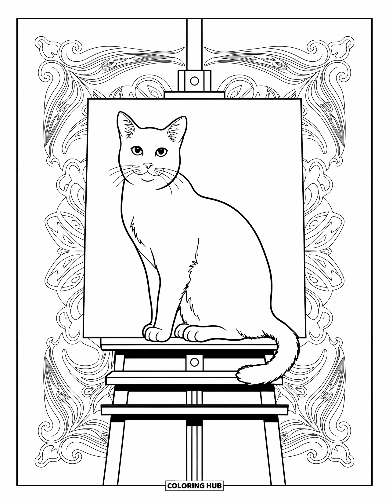 Dibujo de gato para colorear para adultos: Un gato real se posa en el caballete de un artista, enmarcado por una pintura inacabada y patrones intrincados