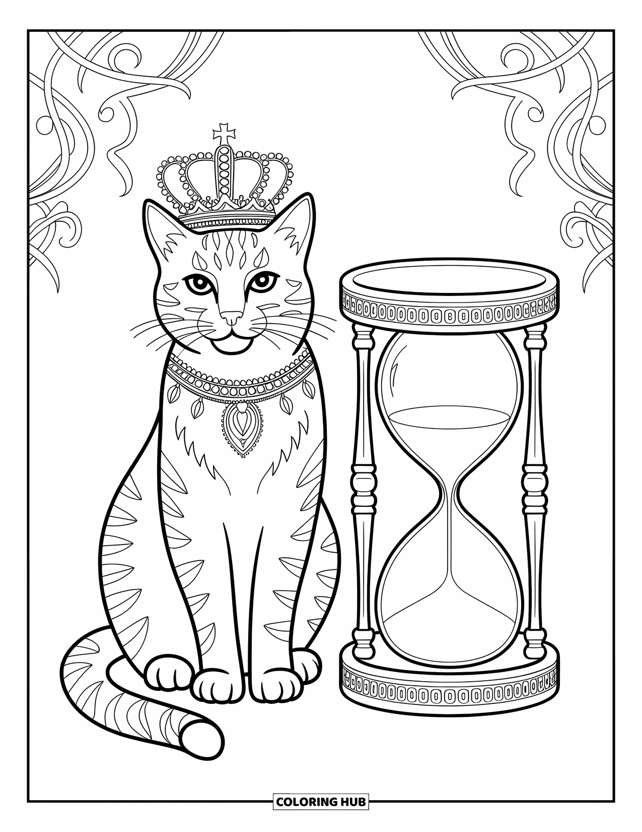 Dibujo de gato para colorear para adultos: Un gato real se sienta junto a un reloj de arena adornado, ambos adornados con intrincadas tallas y patrones elegantes