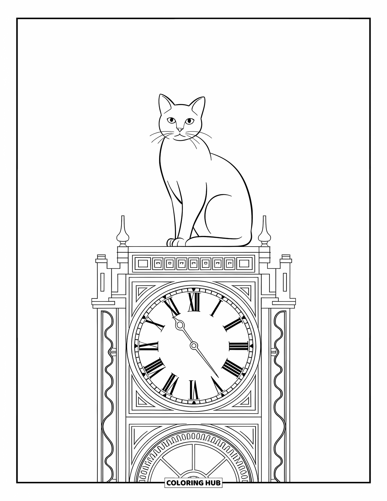 Dibujo de gato para colorear para adultos: Un gato real se sienta en una torre de reloj, enmarcado por engranajes arremolinados e intrincados diseños de relojería