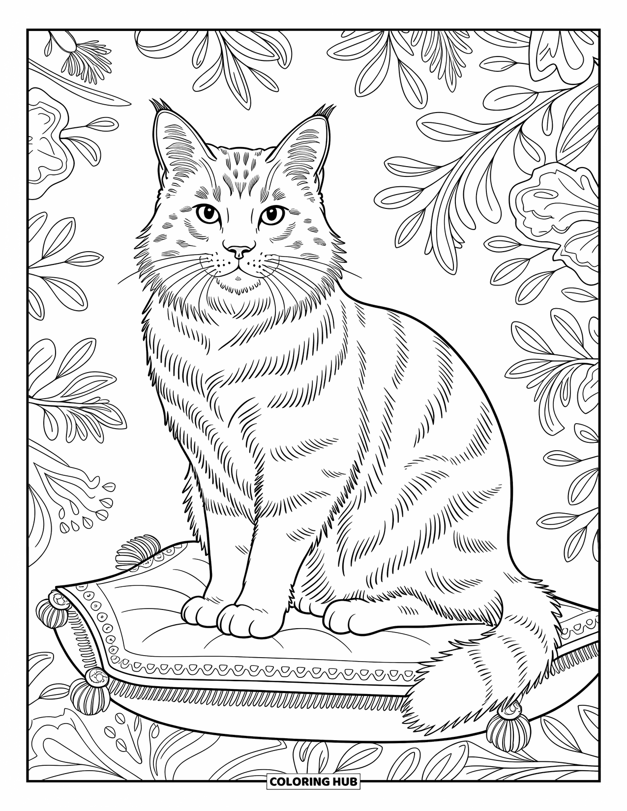 Dibujo de gato para colorear para adultos: Un Maine Coon real descansa en un cojín adornado con intrincados patrones florales y diseños arremolinados