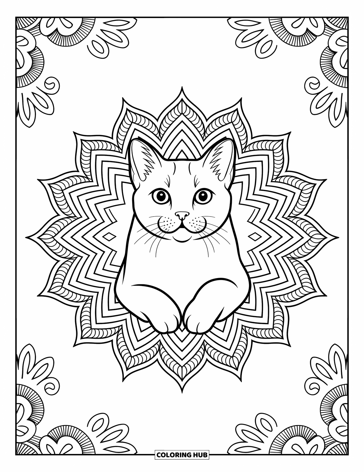 Dibujo de gato para colorear para adultos: Un gato Scottish Fold descansa dentro de un elaborado mandala, rodeado de elementos artísticos y florales arremolinados