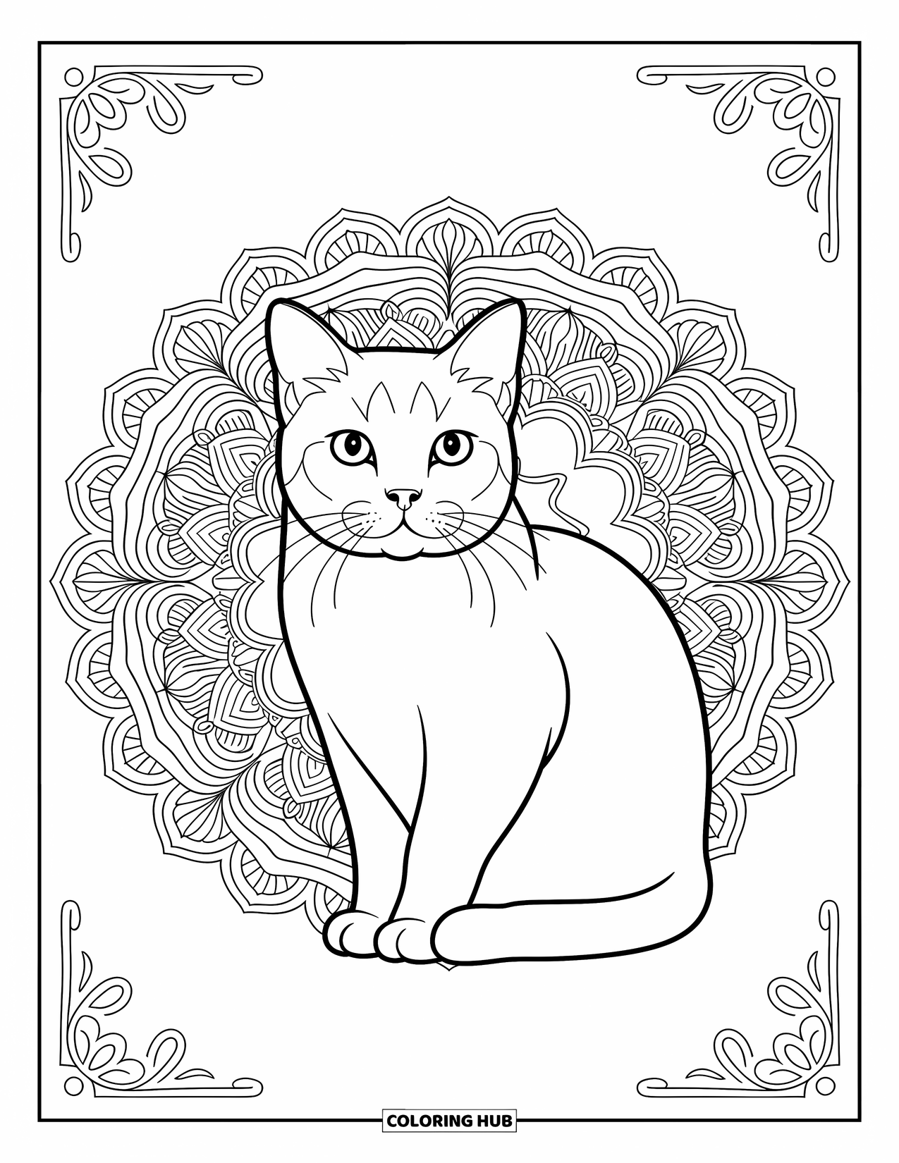 Dibujo de gato para colorear para adultos: Un gato Scottish Fold se sienta con calma dentro de un intrincado mandala, con sus suaves orejas enmarcadas por delicados patrones