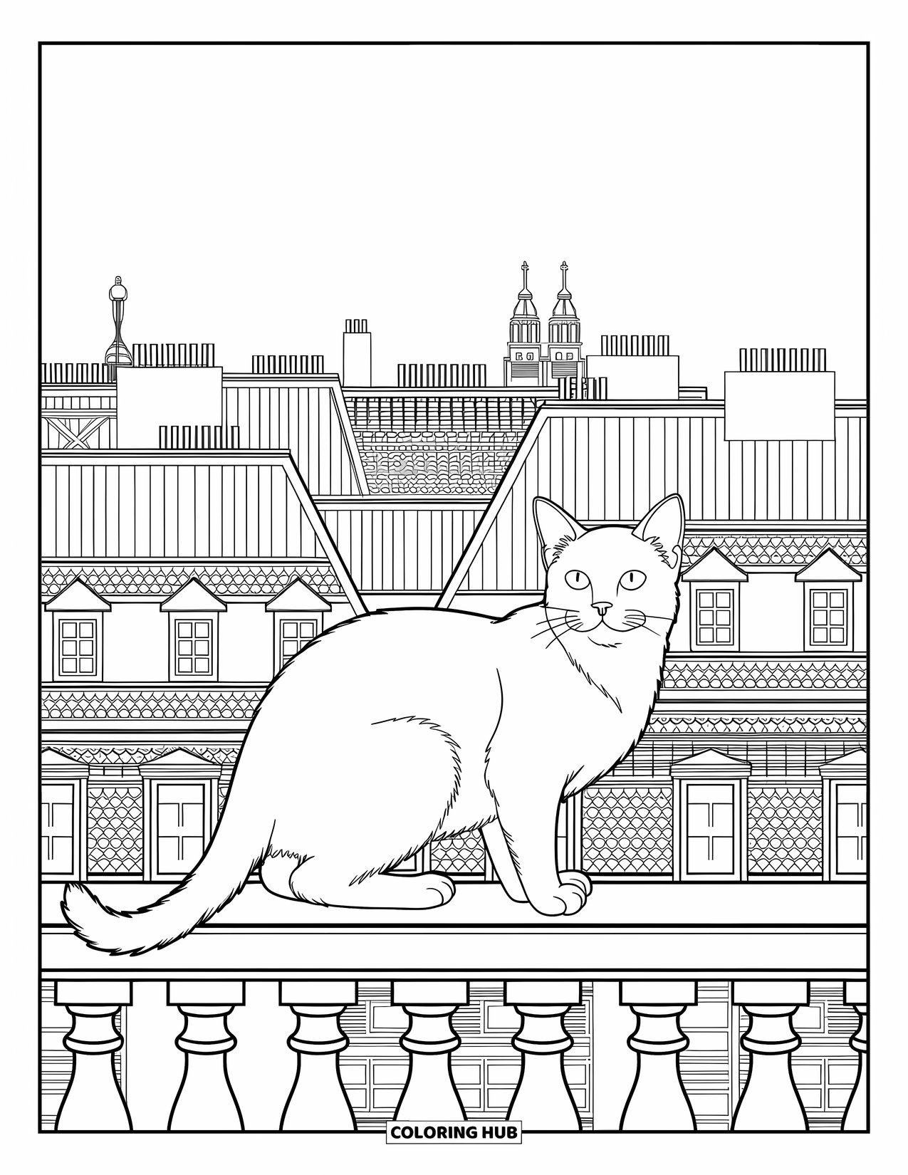 Dibujo de gato para colorear para adultos: Un gato siamés se posa en la barandilla de un balcón, con vistas a un paisaje urbano lleno de elaborados tejados y detalles