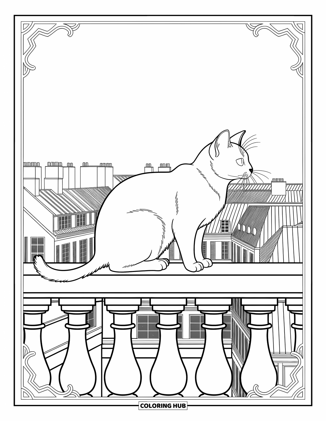 Dibujo de gato para colorear para adultos: Un gato siamés se alza con gracia en la barandilla de un balcón, contemplando un paisaje urbano de intrincados tejados