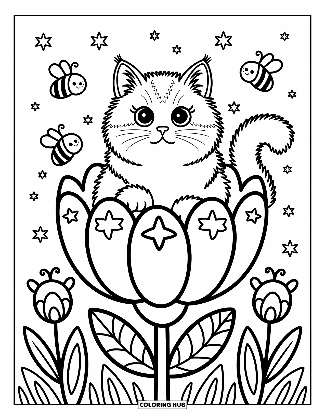 Dibujo de gato para colorear para adultos: Un gato siberiano se relaja dentro de una flor gigante, con pequeñas mariposas y patrones de estrellas decorando los pétalos