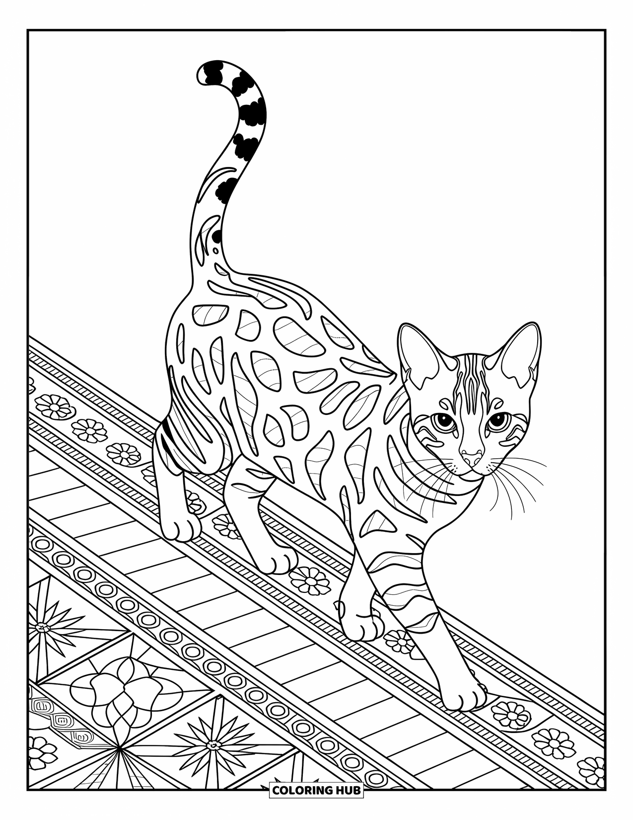 Dibujo de gato para colorear para adultos: Un elegante gato bengalí camina con gracia a lo largo de un camino de mosaico, rodeado de elegantes diseños florales y geométricos