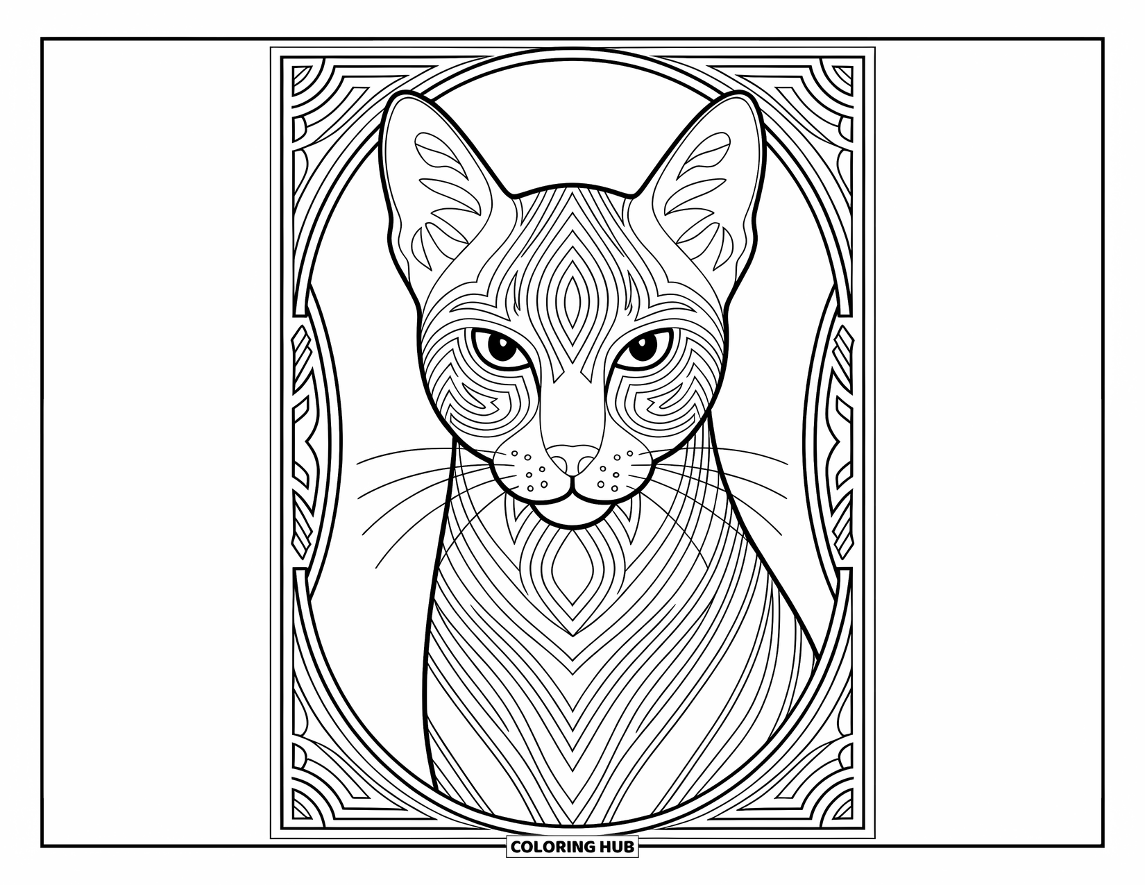 Dibujo de gato para colorear para adultos: Un gato elegante con ojos cautivadores descansa dentro de un atrapasueños detallado, rodeado de patrones elegantes