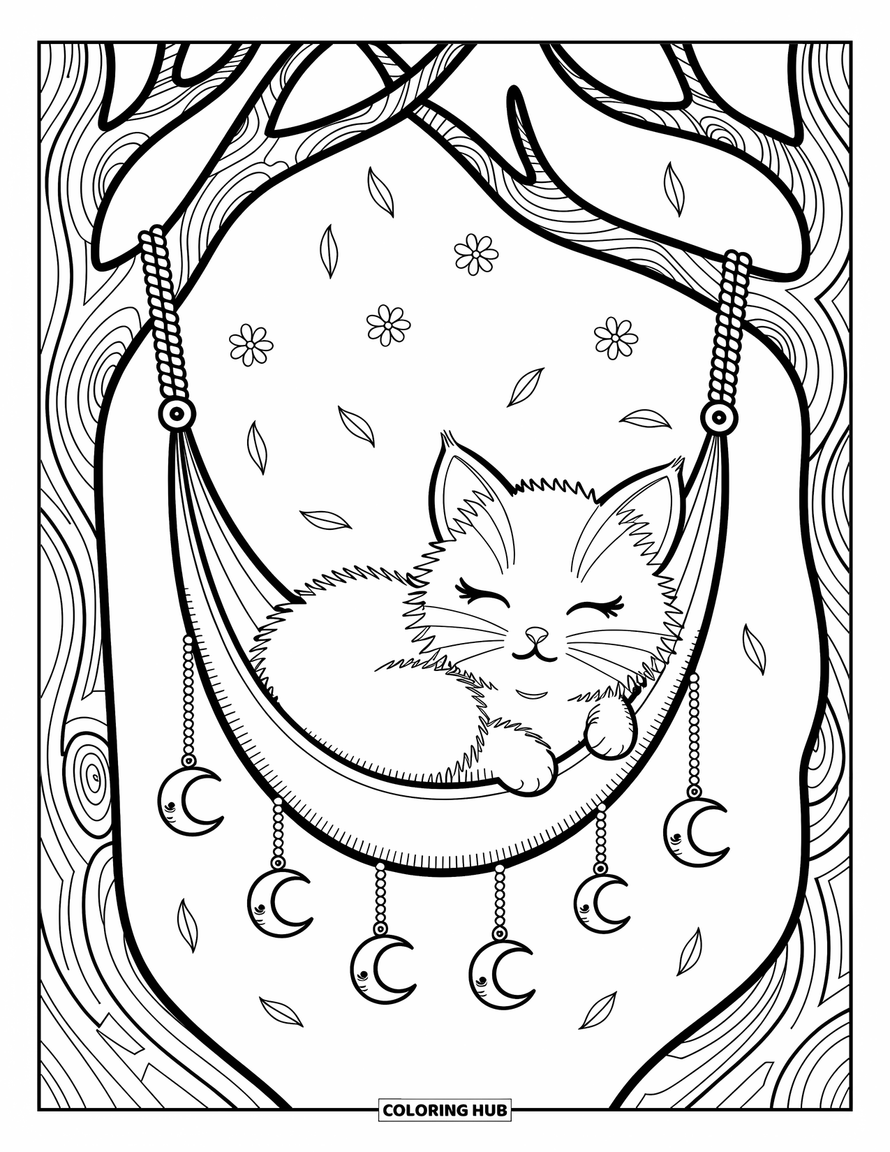 Dibujo de gato para colorear para adultos: Un gato Ragamuffin somnoliento descansa en una hamaca, balanceándose entre ramas de árboles con pequeños amuletos colgantes