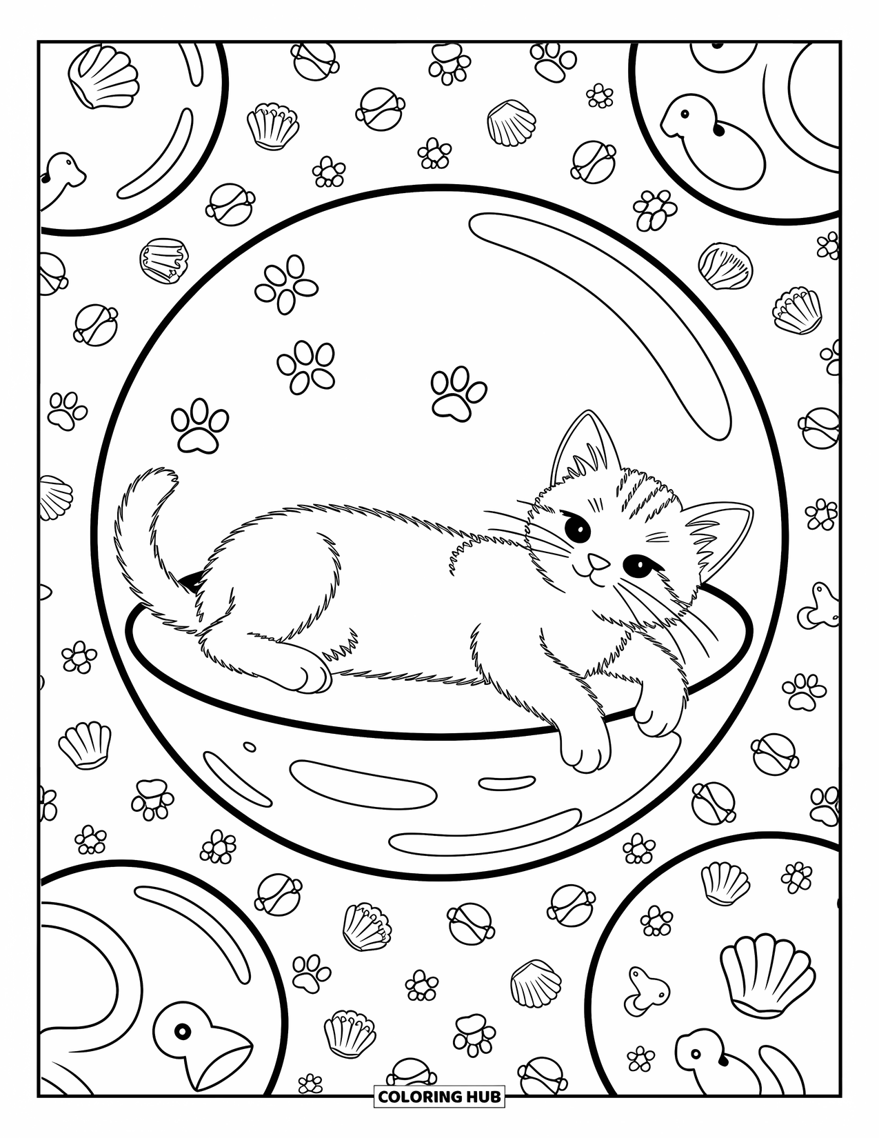 Dibujo de gato para colorear para adultos: Un gatito diminuto flota dentro de una burbuja grande, rodeado de burbujas en miniatura con patrones caprichosos