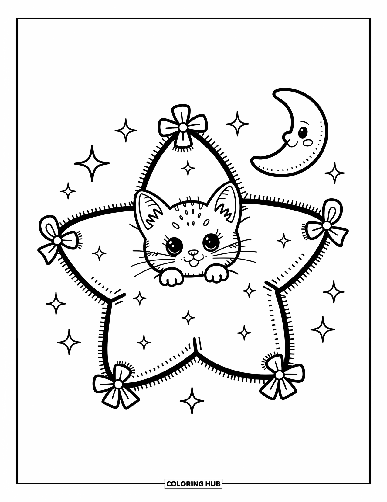 Dibujo de gato para colorear para adultos: Un gatito diminuto descansa dentro de una almohada en forma de estrella, rodeado de suaves destellos y un peluche de luna flotante