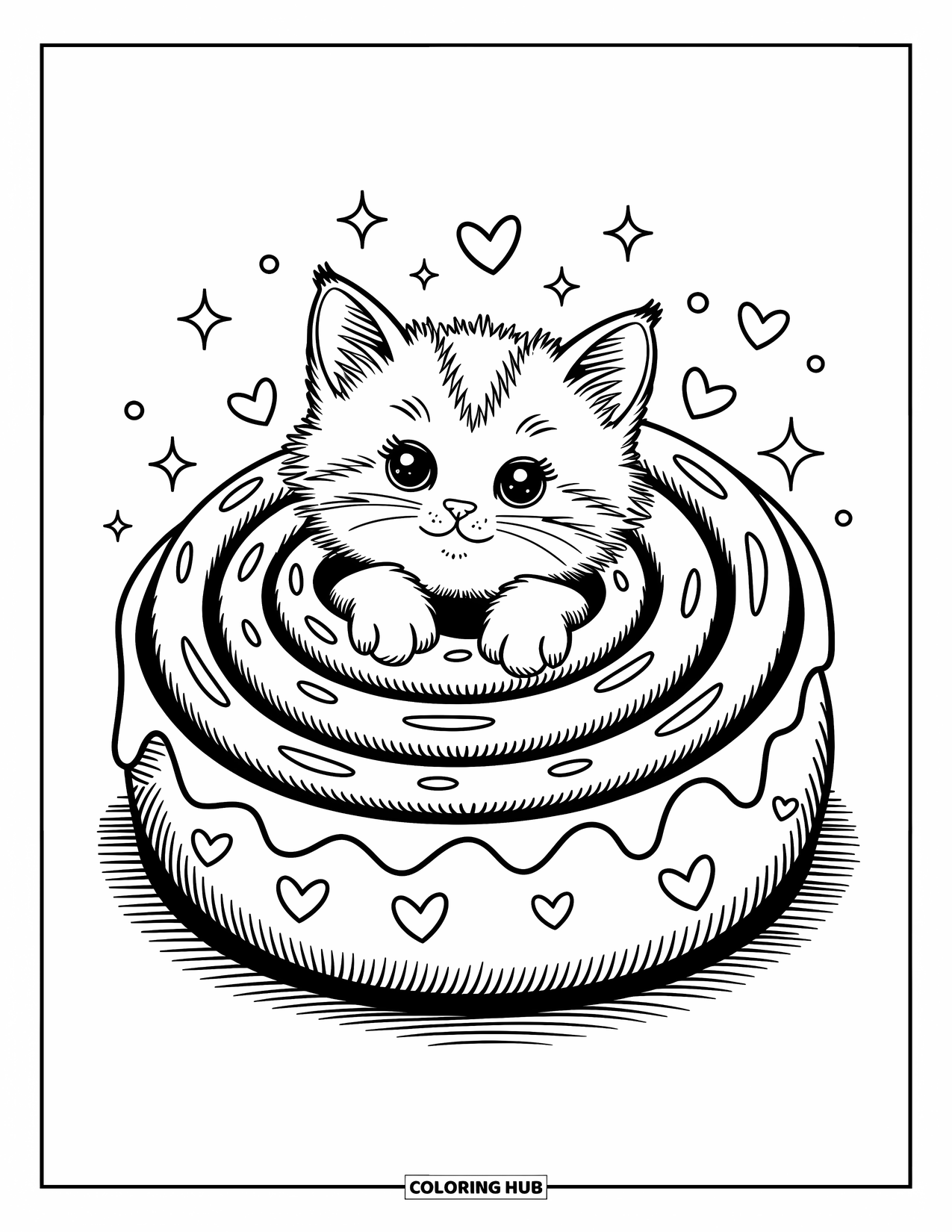 Dibujo de gato para colorear para adultos: Un pequeño gatito se acurruca en la espiral de un rollo de canela, con patrones de corazones y destellos como de azúcar