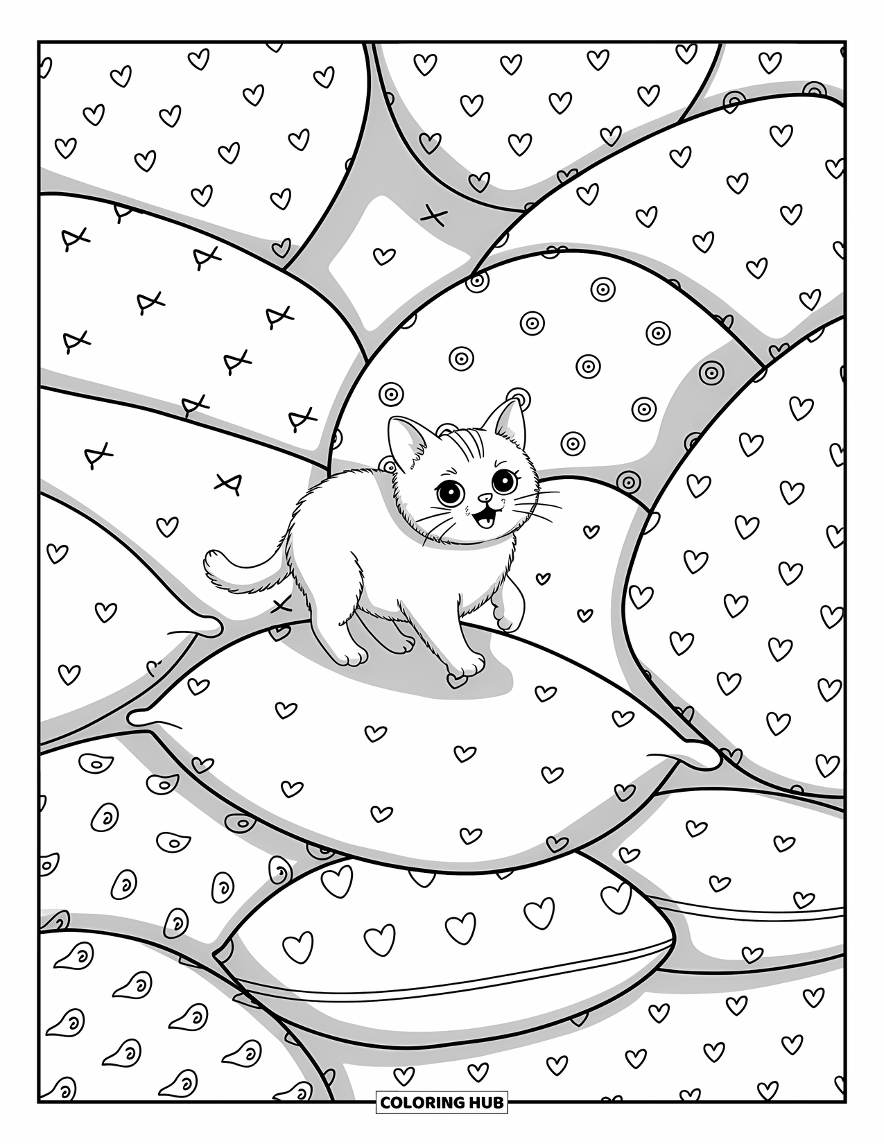 Dibujo de gato para colorear para adultos: Un pequeño gato Munchkin rebota sobre una pila de almohadas de felpa de gran tamaño, decoradas con lindos patrones de peces y corazones