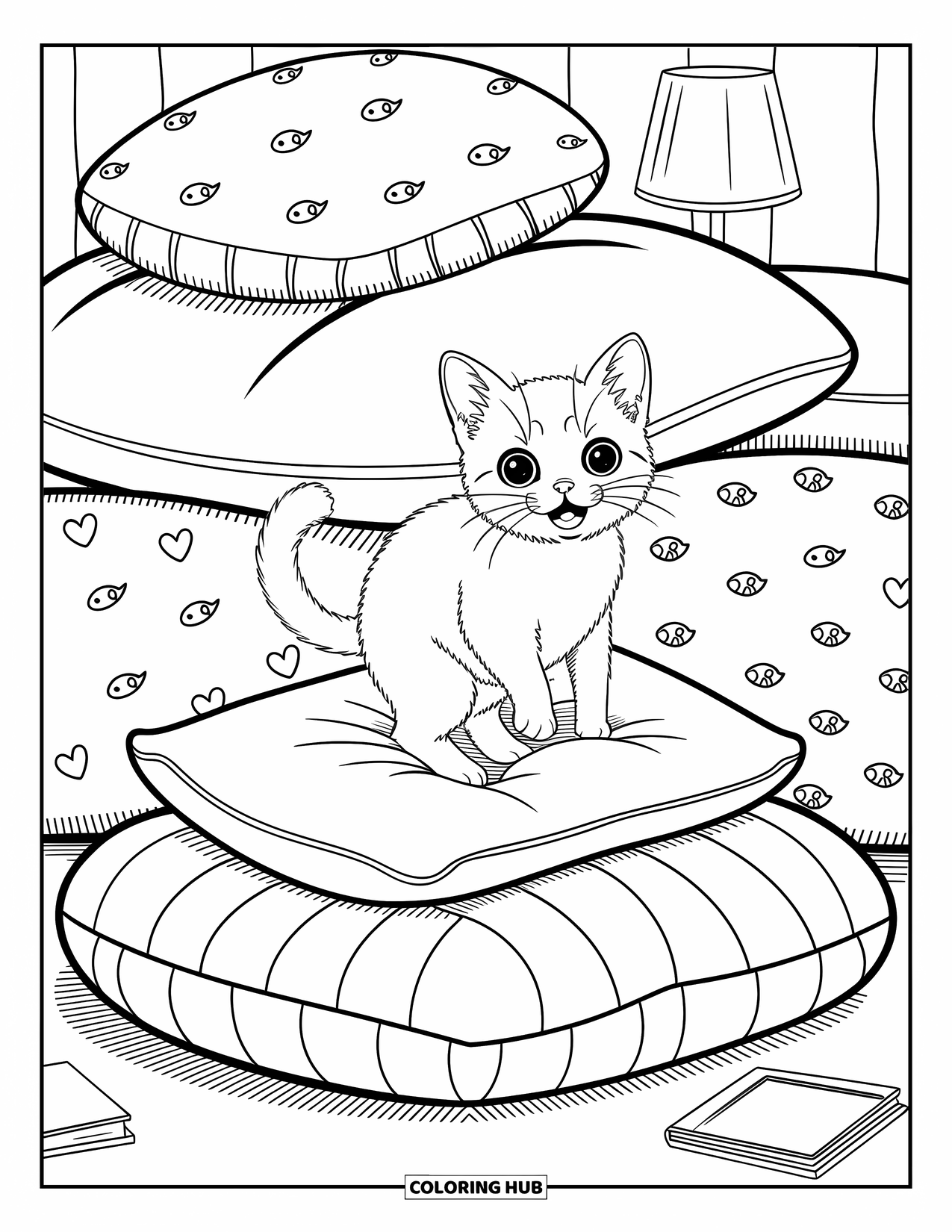Dibujo de gato para colorear para adultos: Un gato Munchkin diminuto salta a través de almohadas esponjosas, cada una adornada con lindos remolinos, corazones y pequeños garabatos de peces
