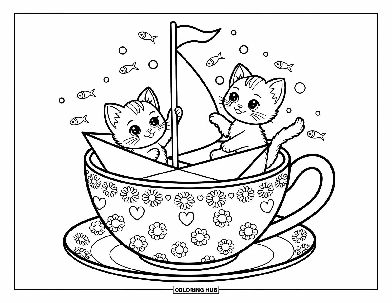 Dibujo de gato para colorear para adultos: Dos gatitos navegan dentro de una taza de té, uno sosteniendo curiosamente la vela mientras el otro mira por el borde