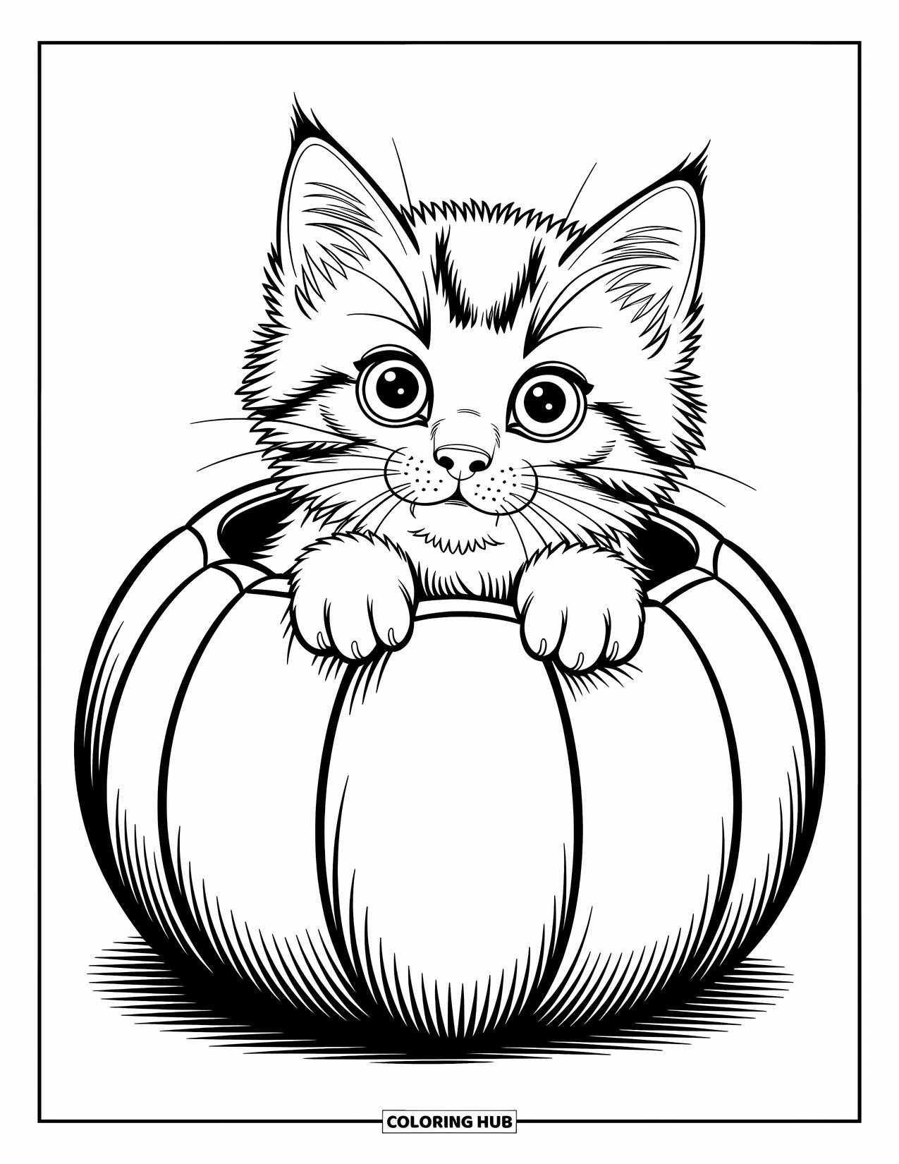 Dibujo de gato para colorear para niños: Un gato y un perro se sientan cerca, sus ojos brillantes y colas que se mueven capturan una dulce amistad