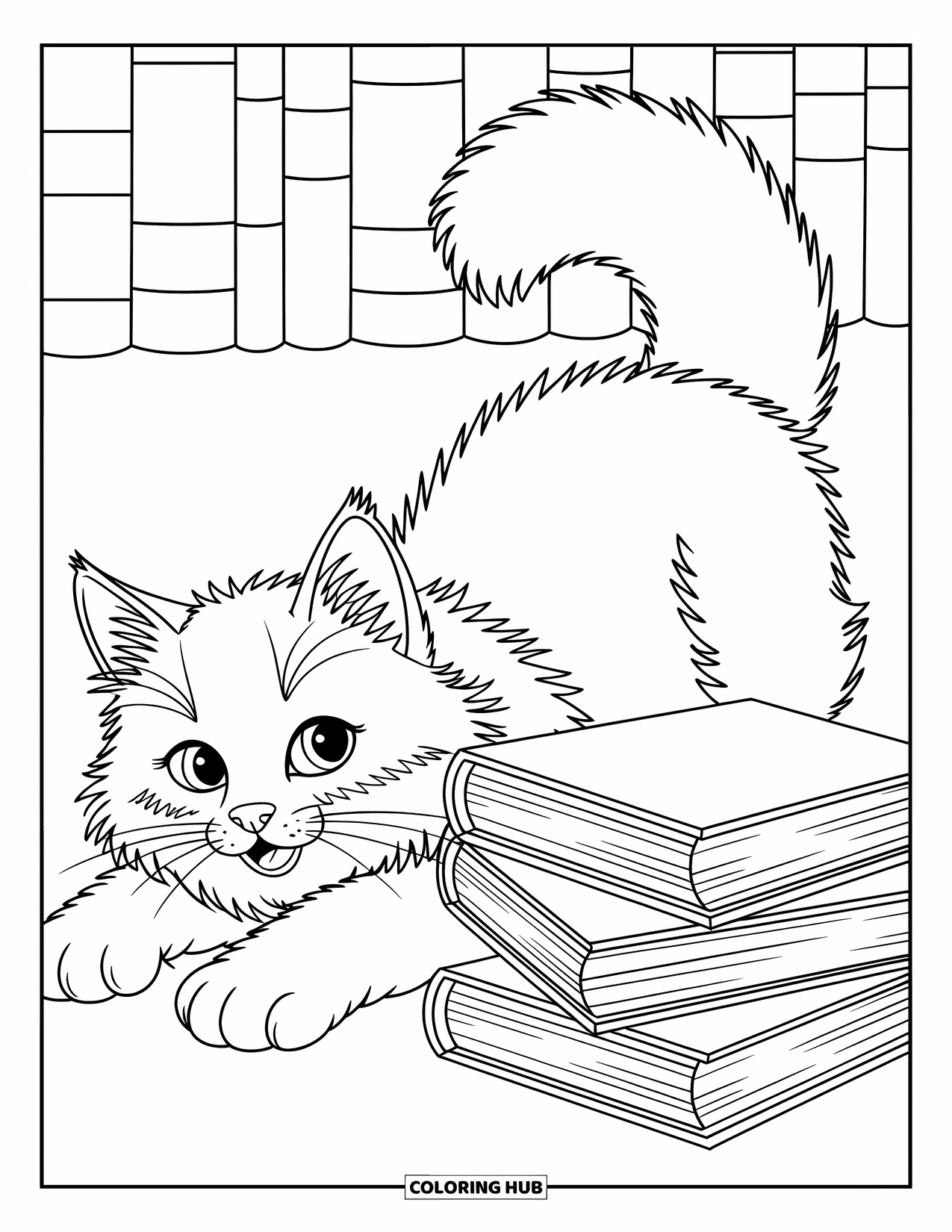 Dibujo de gato para colorear para niños: Un gato se estira juguetonamente junto a una pila de libros, sus patas alcanzan estrellas imaginarias