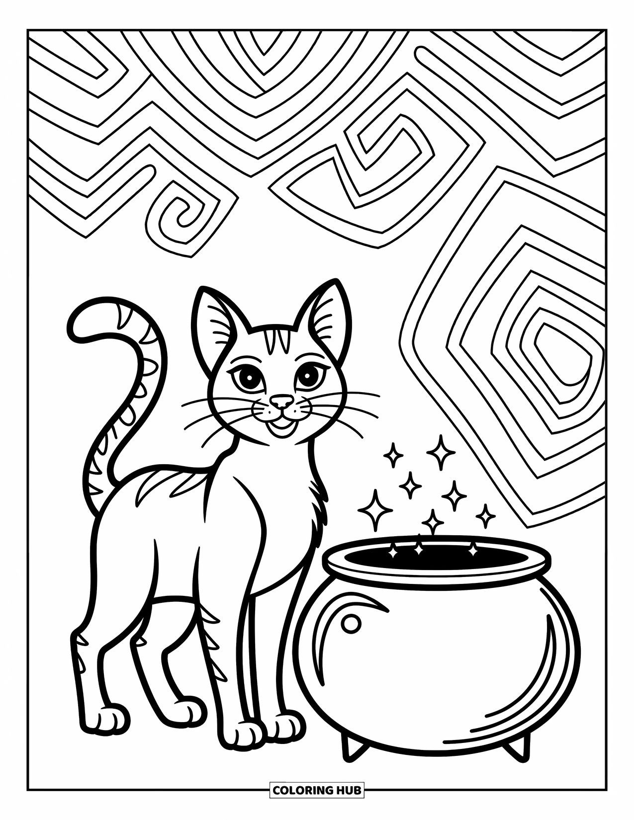 Dibujo de gato para colorear para niños: Un gato con una cola juguetona está de pie junto a un caldero, rodeado de patrones arremolinados y detalles audaces