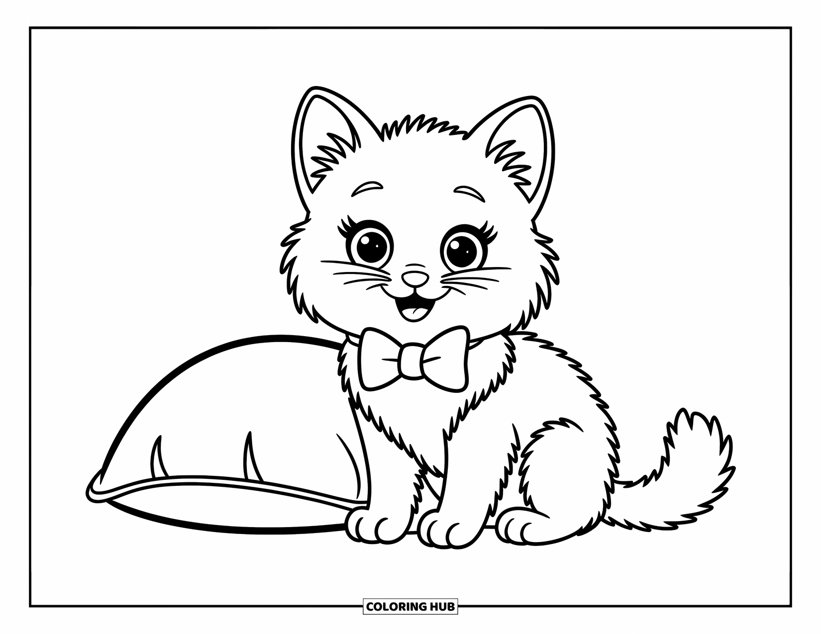 Dibujo de gato para colorear para niños: Un gato alegre con una pajarita descansa junto a una almohada suave, con los ojos llenos de travesura