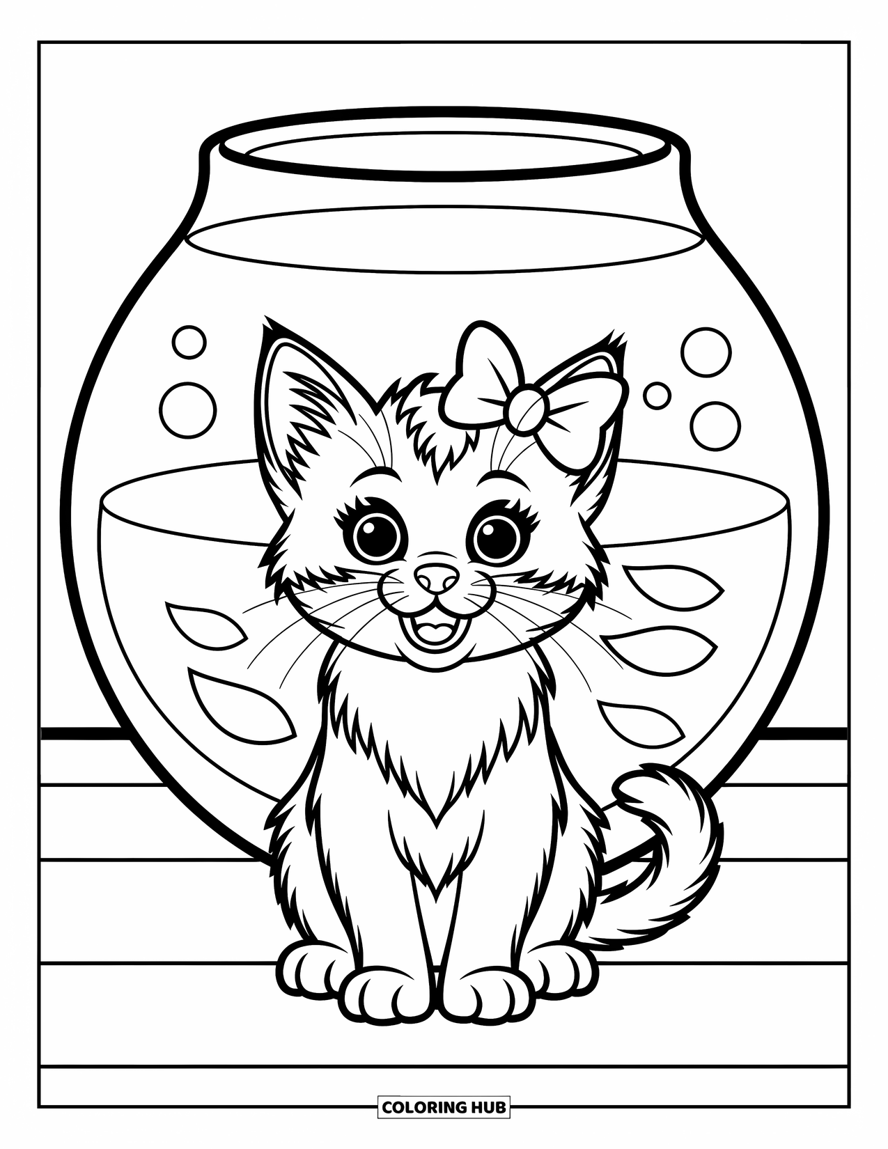 Dibujo de gato para colorear para niños: Un gatito alegre con un lazo se sienta frente a una pecera, su expresión llena de curiosidad