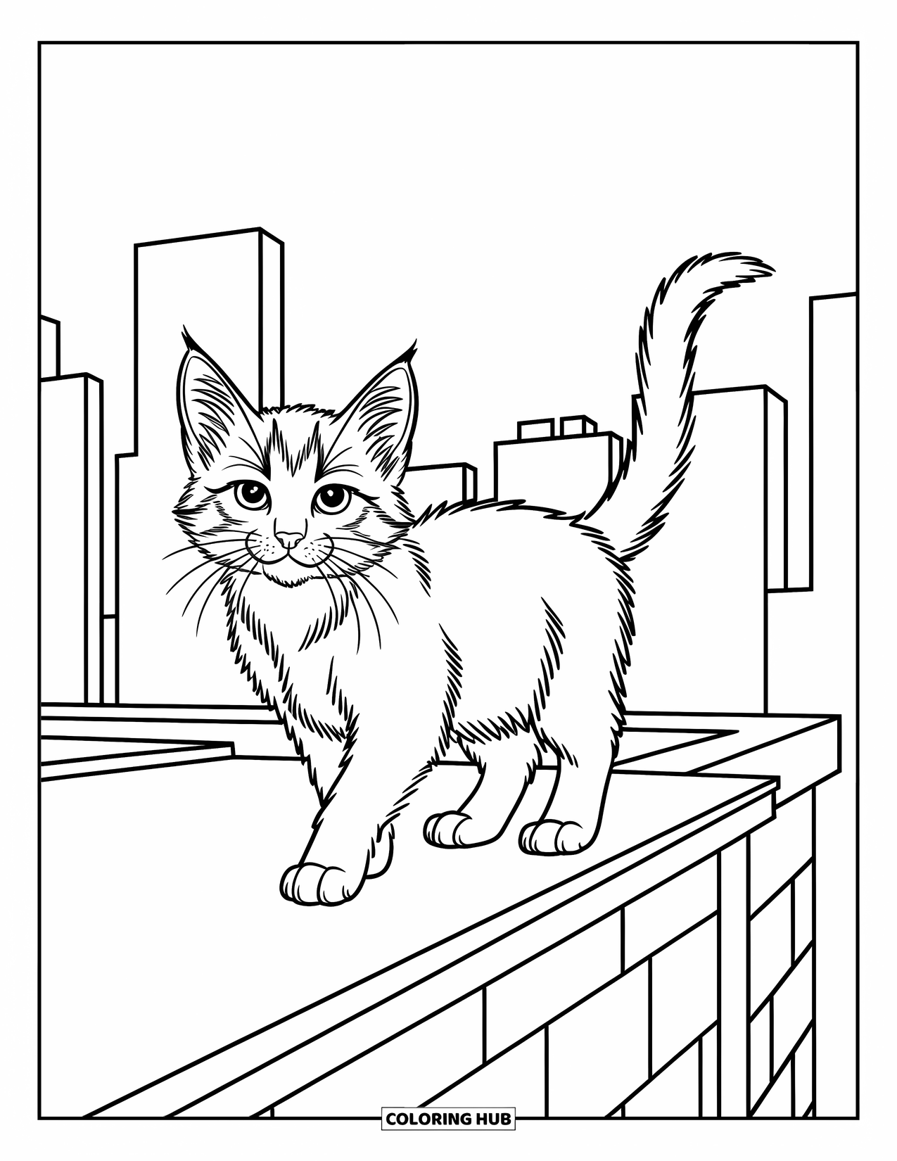 Dibujo de gato para colorear para niños: Un gatito confiado pasea por un tejado, enmarcado por elementos sutiles del horizonte y contornos audaces