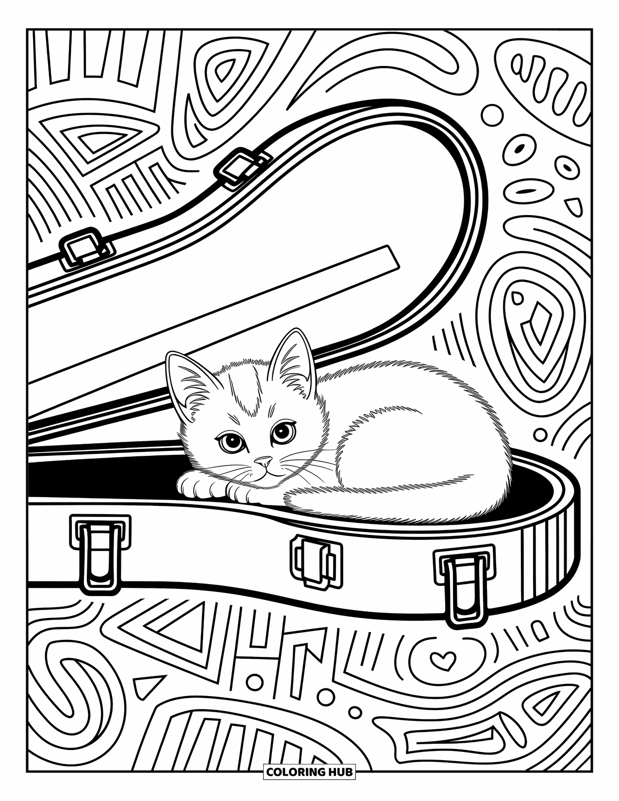 Dibujo de gato para colorear para niños: Un gatito acogedor descansa dentro de una funda de violín, con notas musicales flotantes que añaden un toque caprichoso