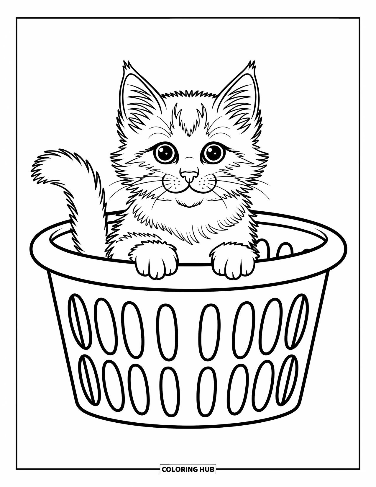 Dibujo de gato para colorear para niños: Un gatito acogedor se acurruca dentro de una taza de té, sus pequeñas orejas sobresalen
