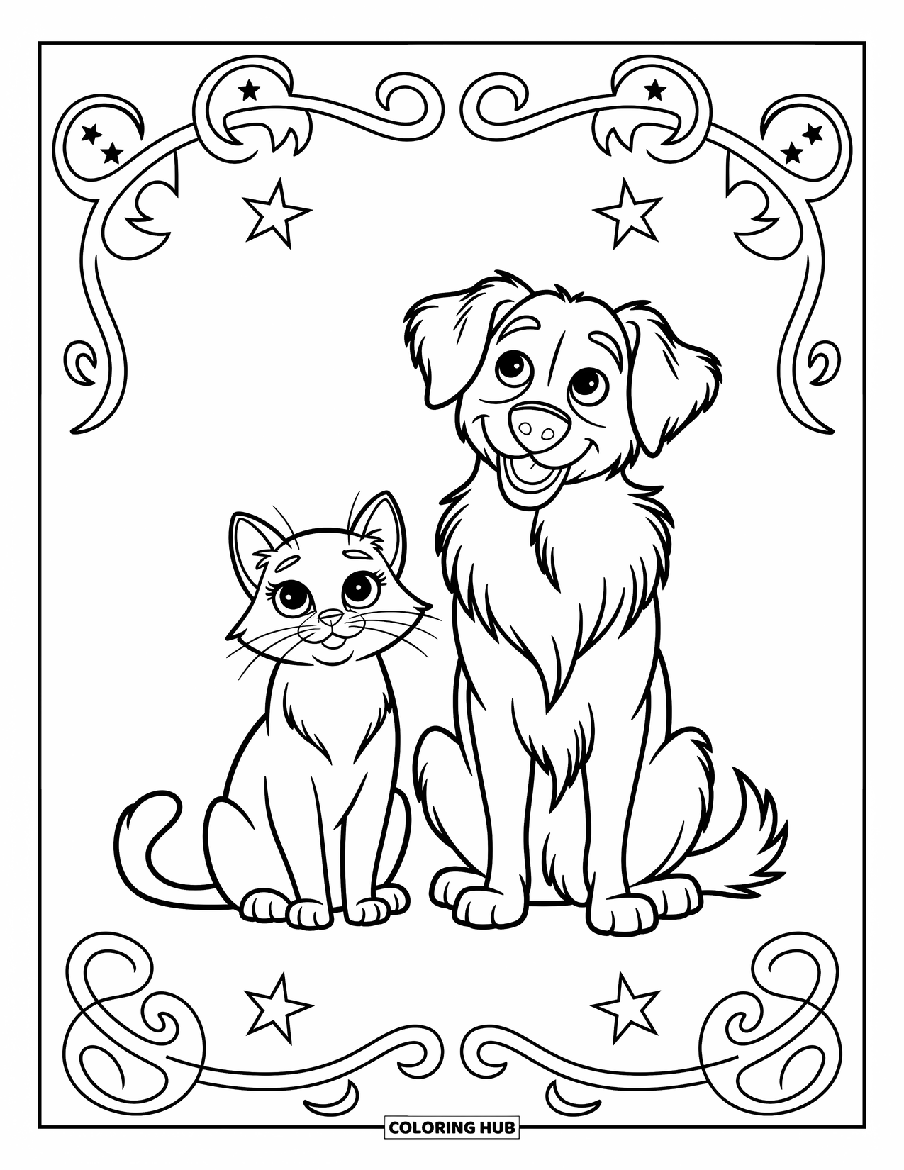 Dibujo de gato para colorear para niños: Un gato curioso y un perro amigable se sientan uno al lado del otro, sus caras expresivas llenas de asombro