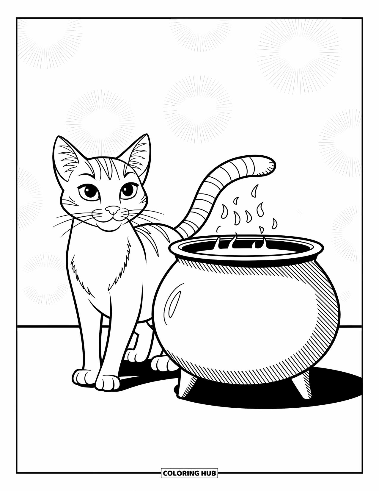 Dibujo de gato para colorear para niños: Un gato curioso mueve su cola junto a un caldero burbujeante, enmarcado por diseños intrincados y expresivos